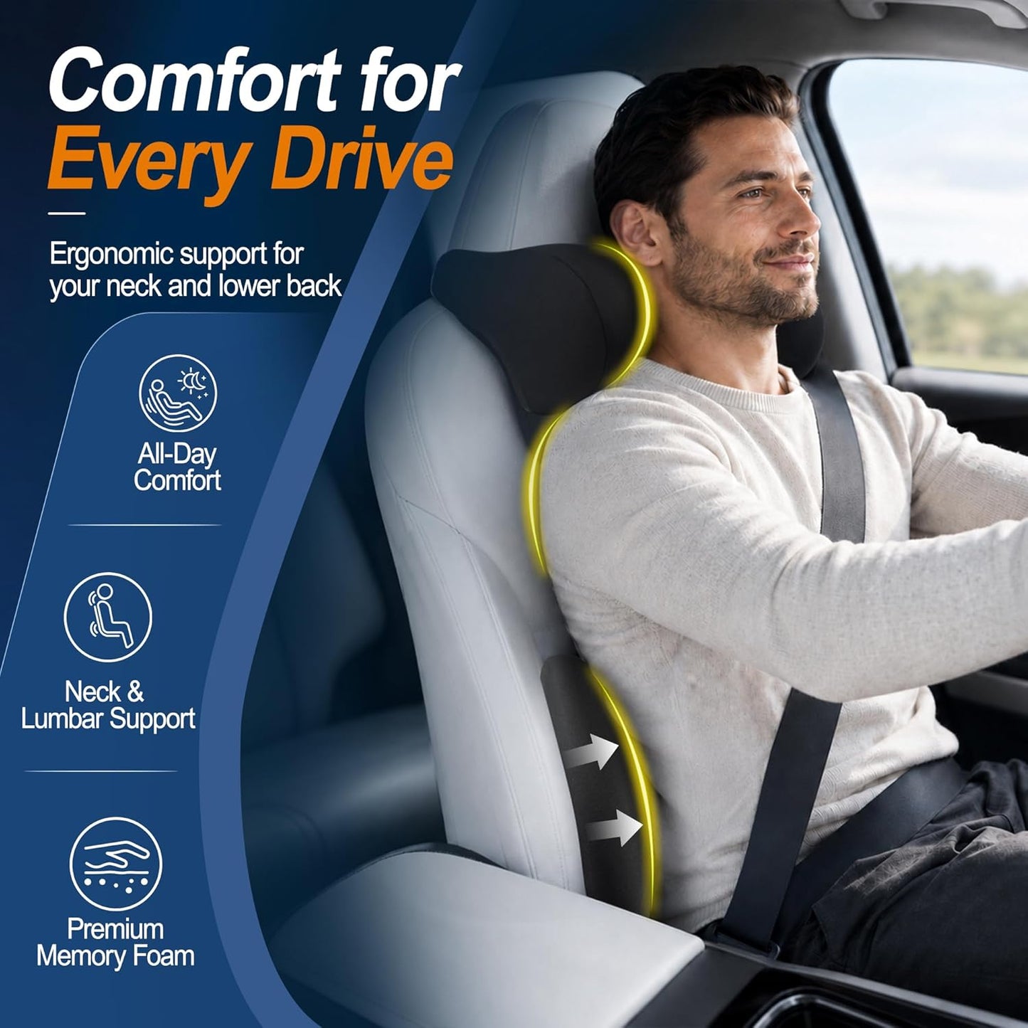 Allaboutsla Lumbar Back Support Pillow for Car, Neck Headrest Pillow Set | Memory Foam Car Neck Support for Driving with Car Back Support, Adjustable Straps, Head Rest Pillow for Cars, Trucks, Black