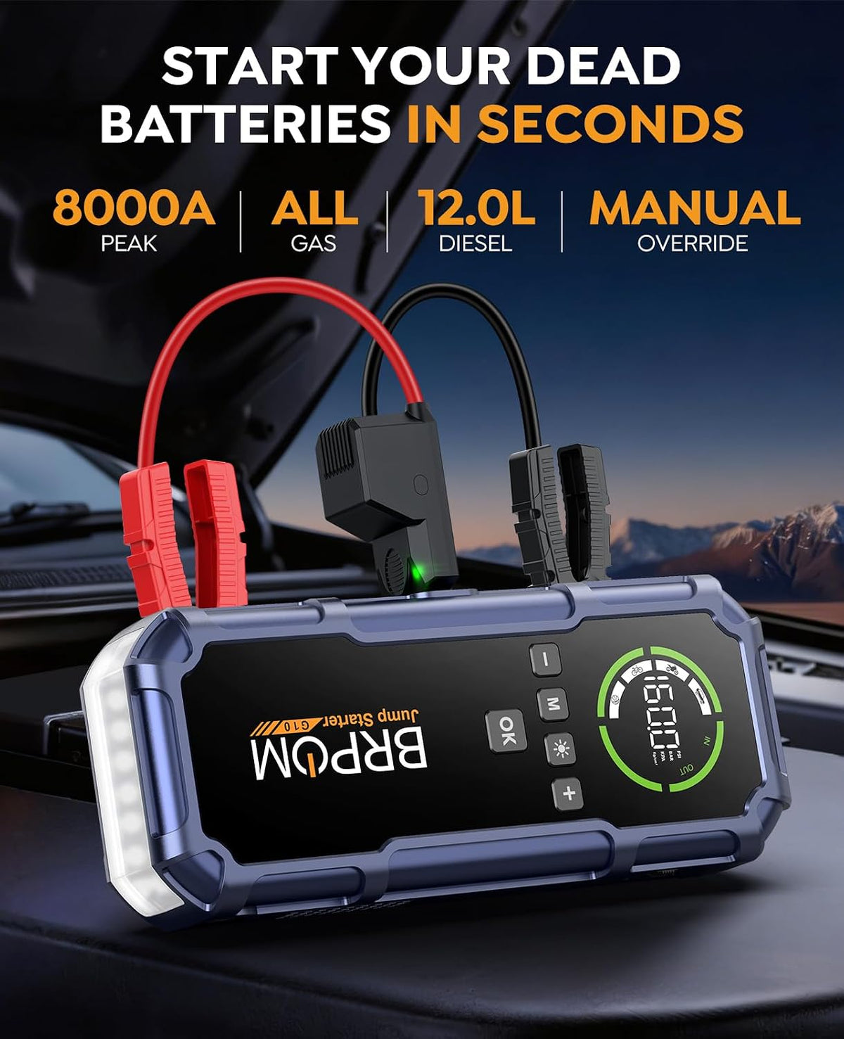 BRPOM 8000A Jump Starter with Air Compressor, 160 PSI Tire Inflator