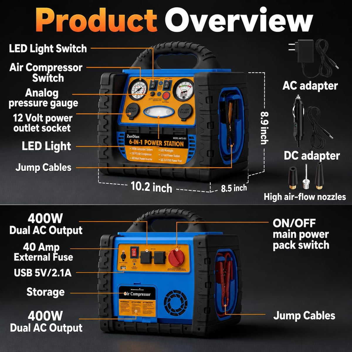 Car Jump Starter with Air Compressor, 2200A Battery Booster Pack for Up to 8.5L Gas & 8.0L Diesel, 150PSI Tire Inflator, 400W Portable Power Station with AC Outlet, 6-in-1 Jump Box for Cars, Trucks
