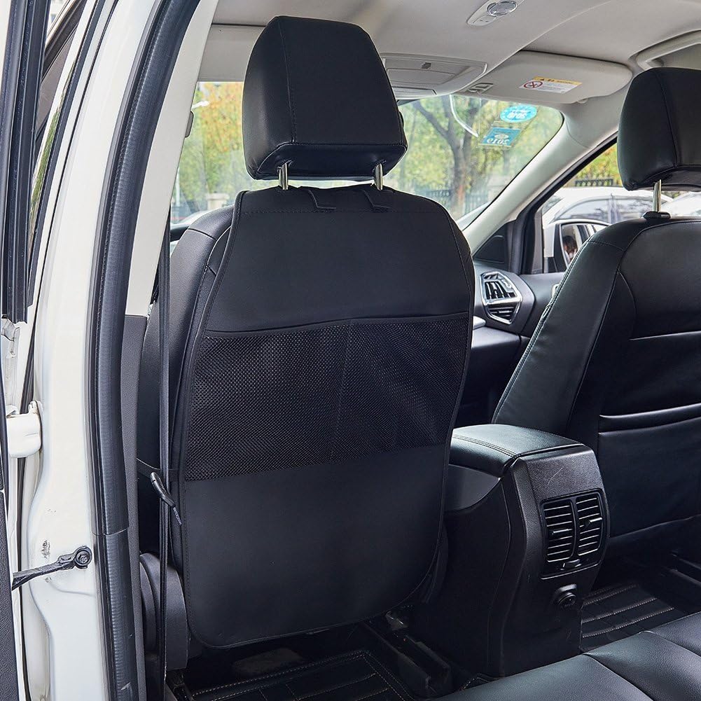 HCMAX 2 Pack Kick Mat Car Seat Back Protector Waterproof Easy to Clean Multifunctional Organizer Storage Bag Travel Accessory PU Leather Black