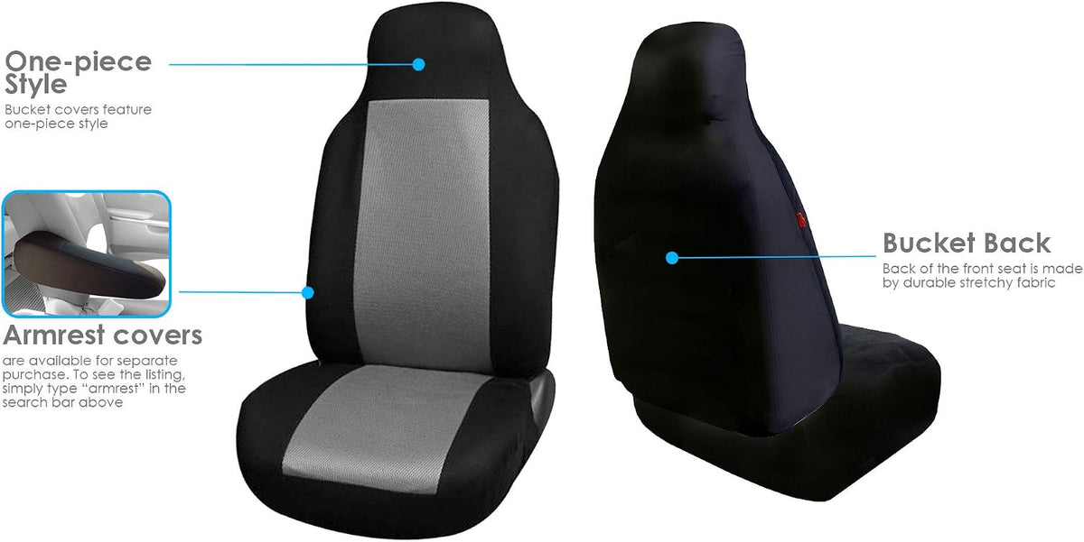 FH Group 3D Air Mesh Car Seat Covers Front Set – Universal Fit Automotive Seat Protectors, Washable Low Back Bucket Seat Covers for SUV, Sedan, Car Accessories, Gray/Black