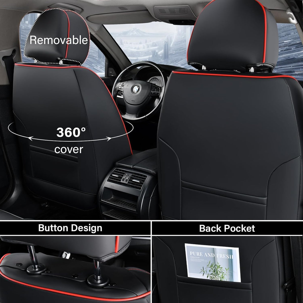 Coverado Car Seat Covers Full Set, Seat Covers for Cars, Black Car Seat Covers Front Seats and Back Car Seat Protector Waterproof, Leather Car Seat Cushion Universal Fit for Most Cars Blue