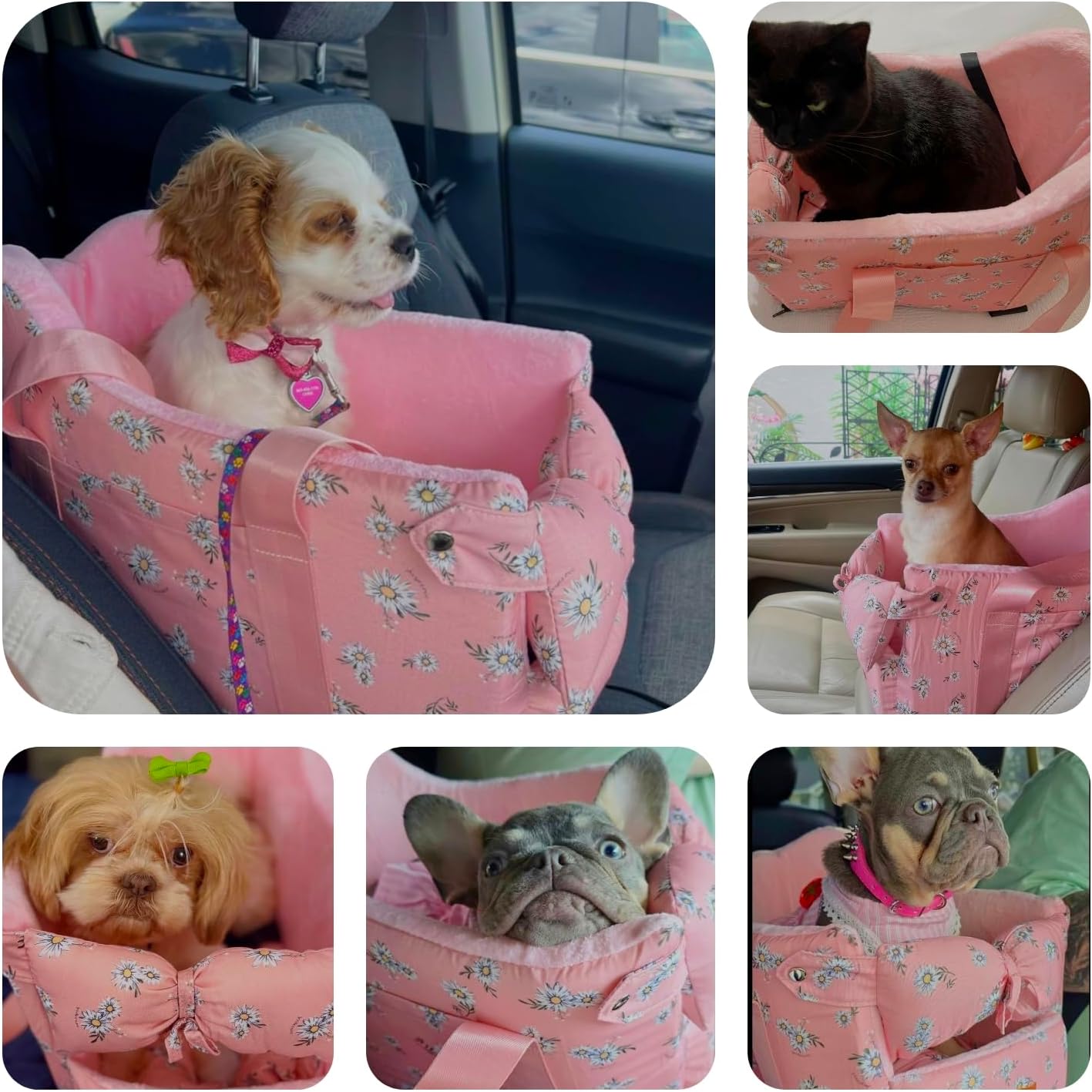 Console Dog Car Seat - Portable Dogs Armrest Booster Seat for Small Dog, Anti-Collapse Pet Car Seat with Soft Cushion Safety Belt, Support Pet Up to 11lbs (Pink Daisy)