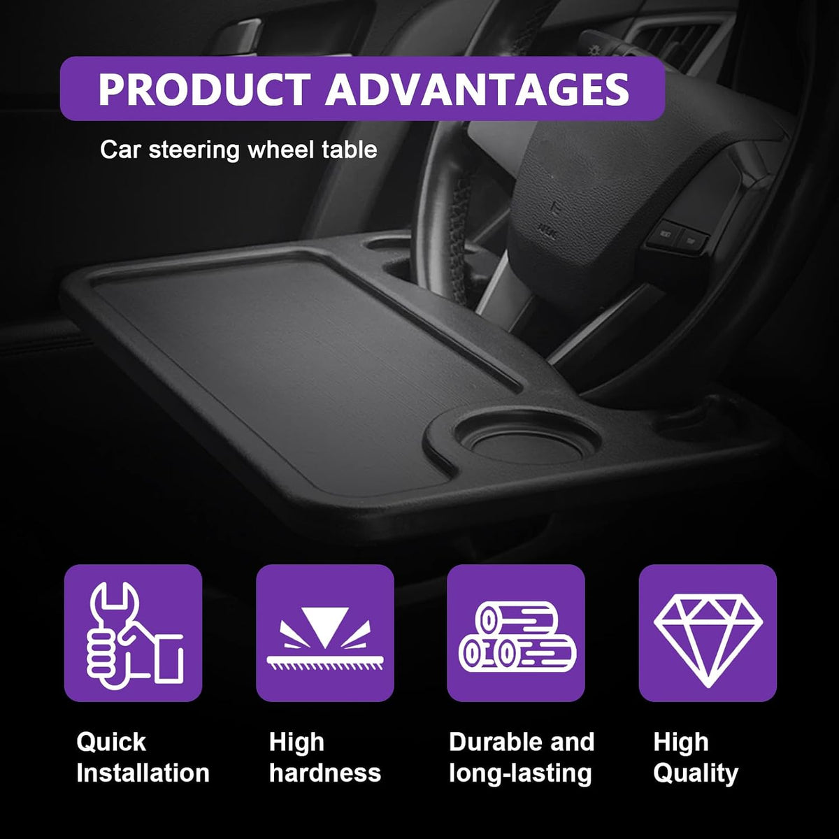 Multipurpose 2 in 1 Car Steering Wheel Desk Tray Laptop Mount and Food Table for Eating with Drink and Pen Holder Compatible with Most Vehicles (Black)