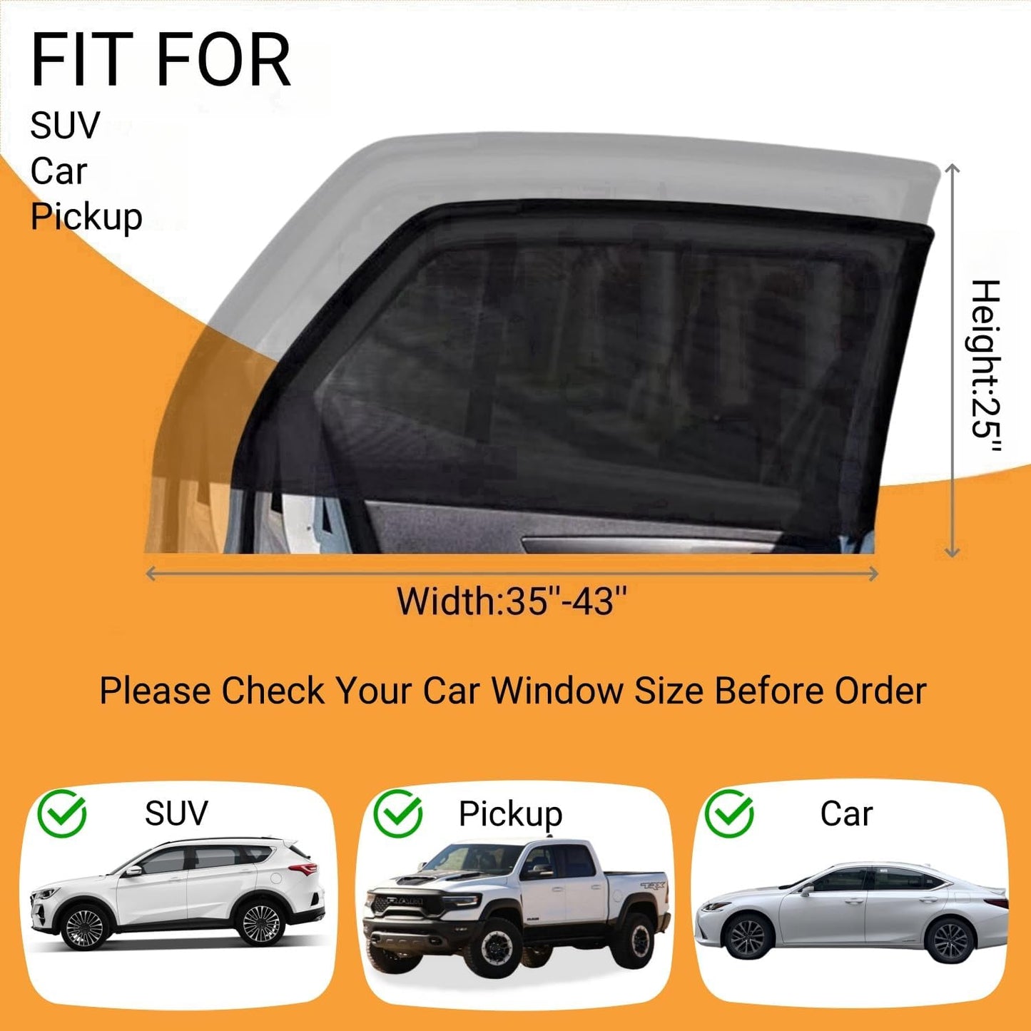 2Packs Universal Car Window Screen for Rear Window 25"(H) X43(W), Elastic Mesh Sun Shade Car Camping Window Cover, Fit for Most Cars Large SUVs, Truck, Pickup