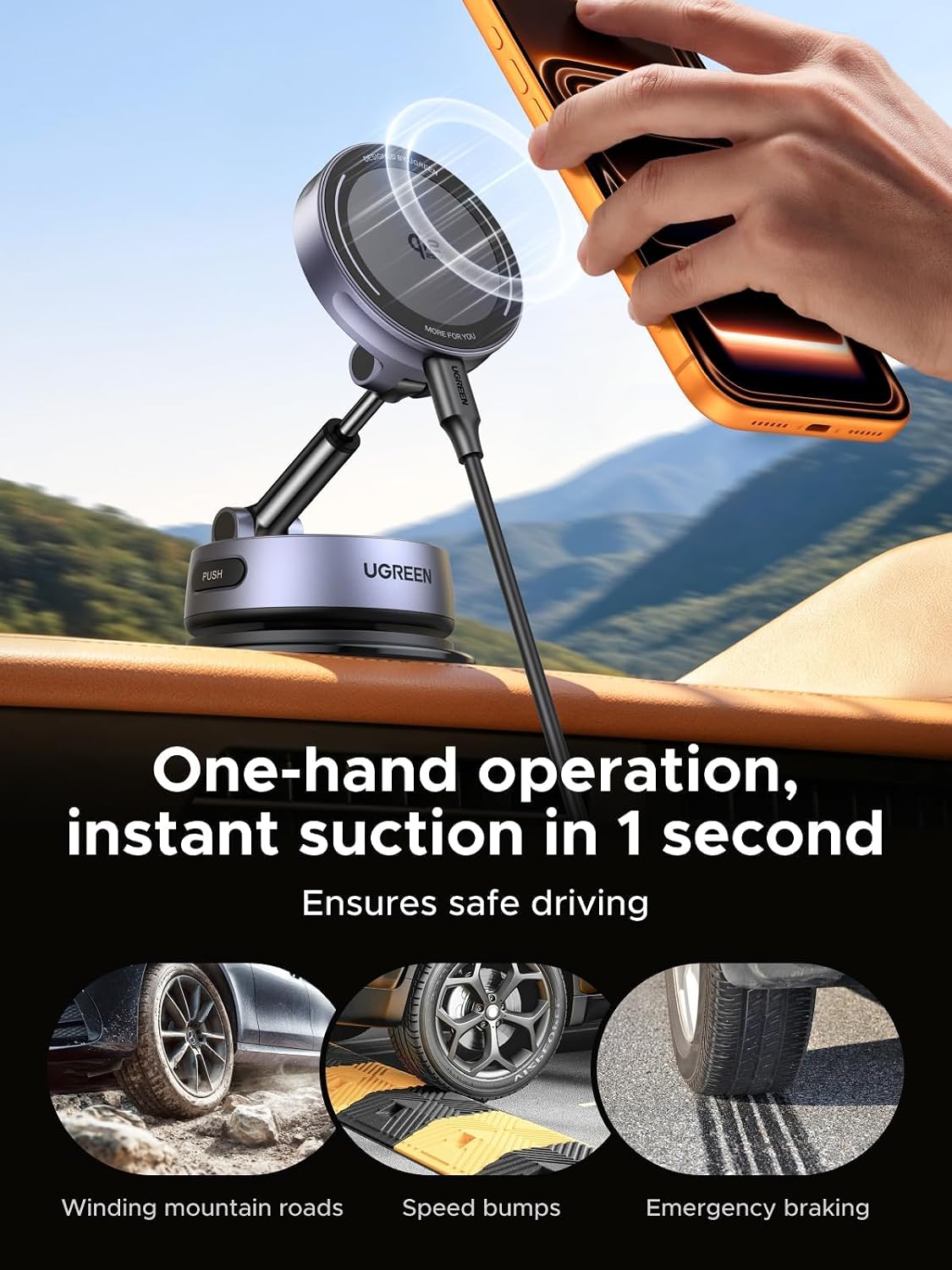 UGREEN 25W Qi2.2 MagSafe Compatible Wireless Car Charger Mount, Suction Cup