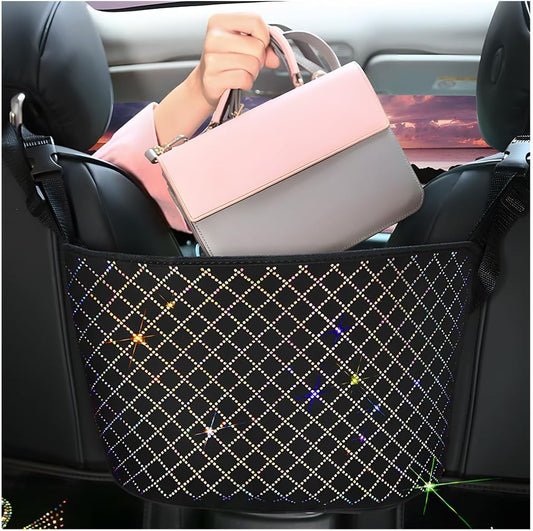 zipelo Bling Car Net Pocket Handbag Holder, Rhinestone Vehicle Backseat Purse Organizer Between Seats, Diamond Hanging Storage Bag Barrier of Pet Kids, Universal Automotive Accessories (Multicolor)