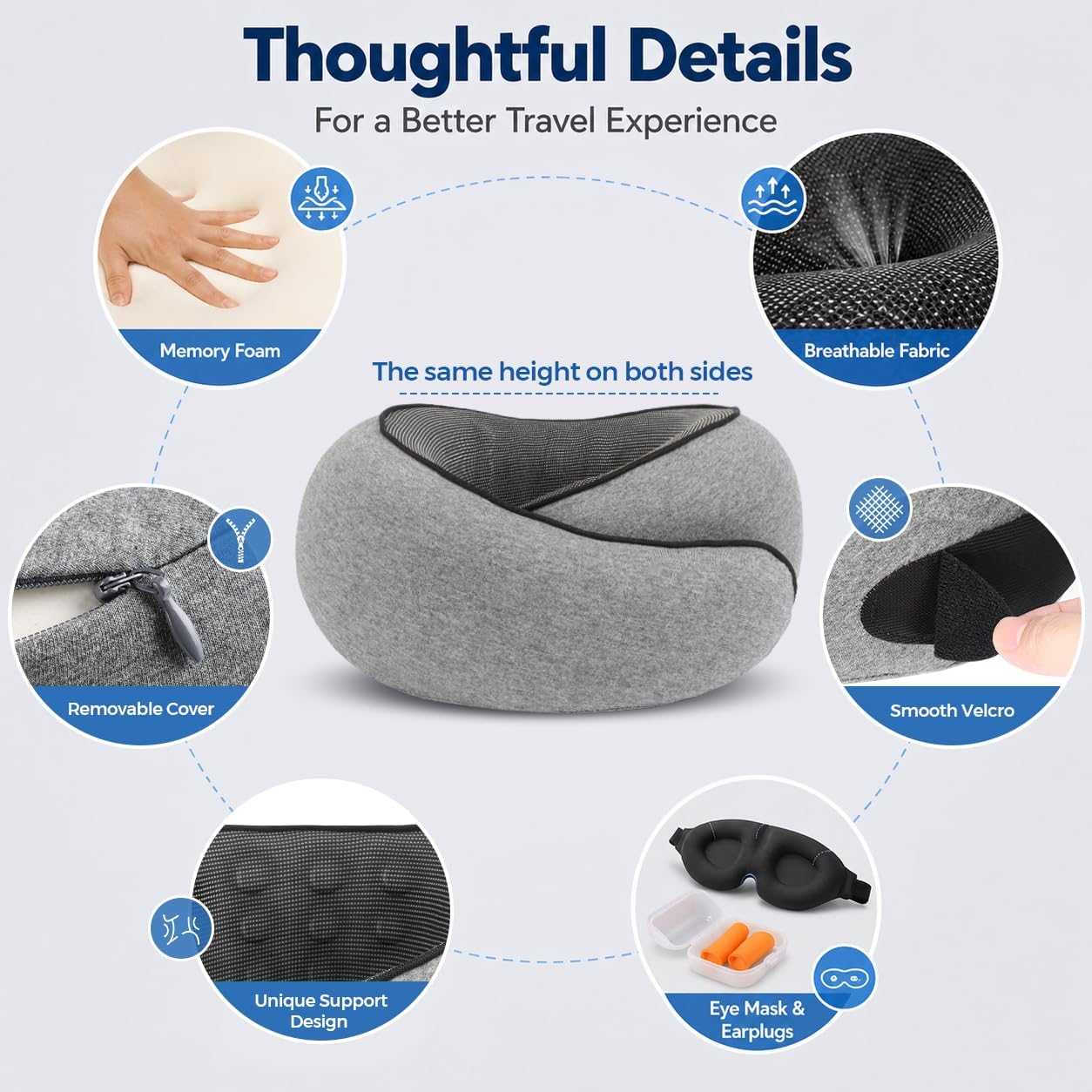 Purroch G-Shape Memory Foam Travel Neck Pillow - 100% Pure Foam Ergonomic Support with Eye Mask & Ear Plugs for Airplane Flights, Car Trips & Office Naps, Medium Gray