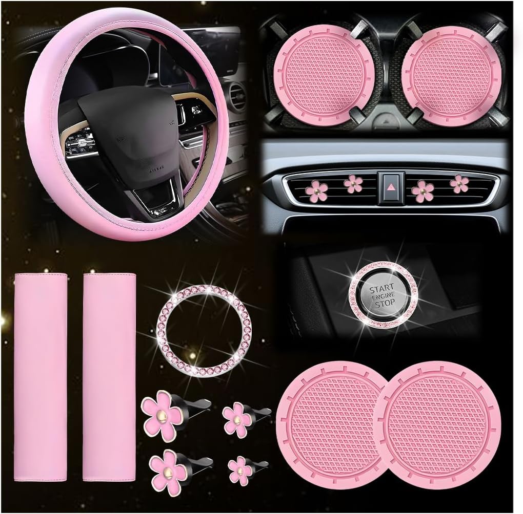 10PCS Car Accessories Set, Vehicle Steering Wheel Cover Seatbelt Protector Cup Holder Coaster Push Start Button Cover Flower Auto Air Vent Clip, Universal for SUV, Truck, RV (Blue)