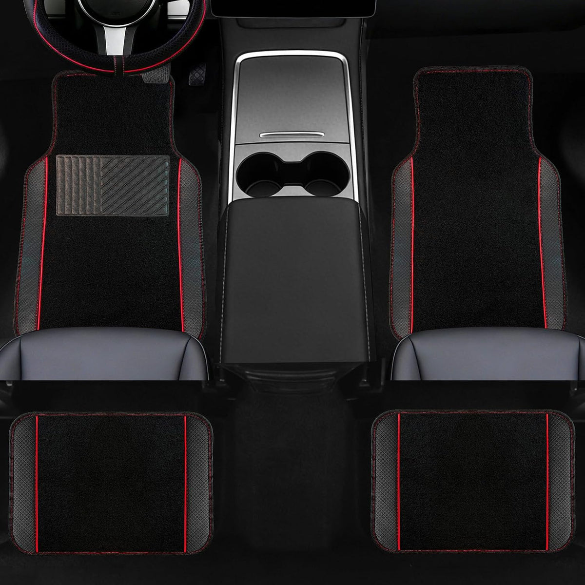 NBTEPEM Waterproof Universal Fit Car Floor Mats, Faux Leather Sporty Car Carpet Mats with Anti-Slip Nibbs Backing & Driver Heel Pad Fit for SUV, Vans, Sedans, Trucks, Set of 4 (Black with Red line)