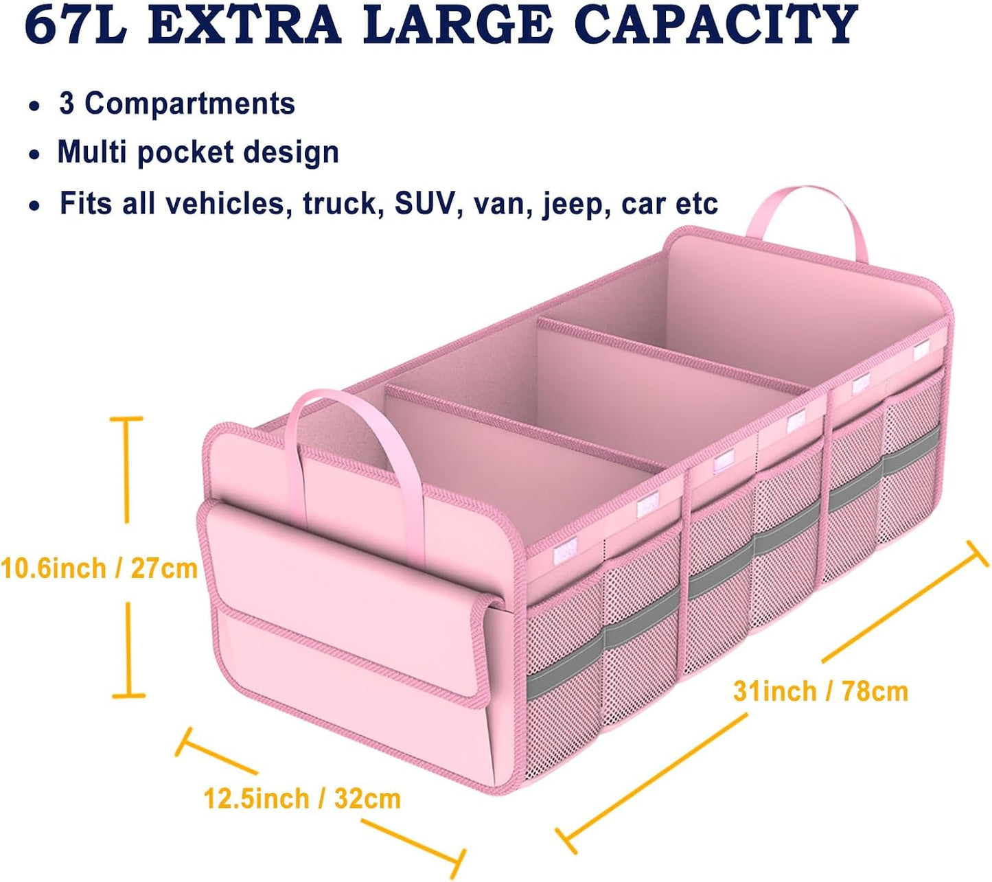 Trunk Organizer for SUV, Large trunk organizer for car, Collapsible Multi-Compartment Car Trunk Organizer, Sturdy Cargo Trunk Storage Organizer, Non Slip Bottom
