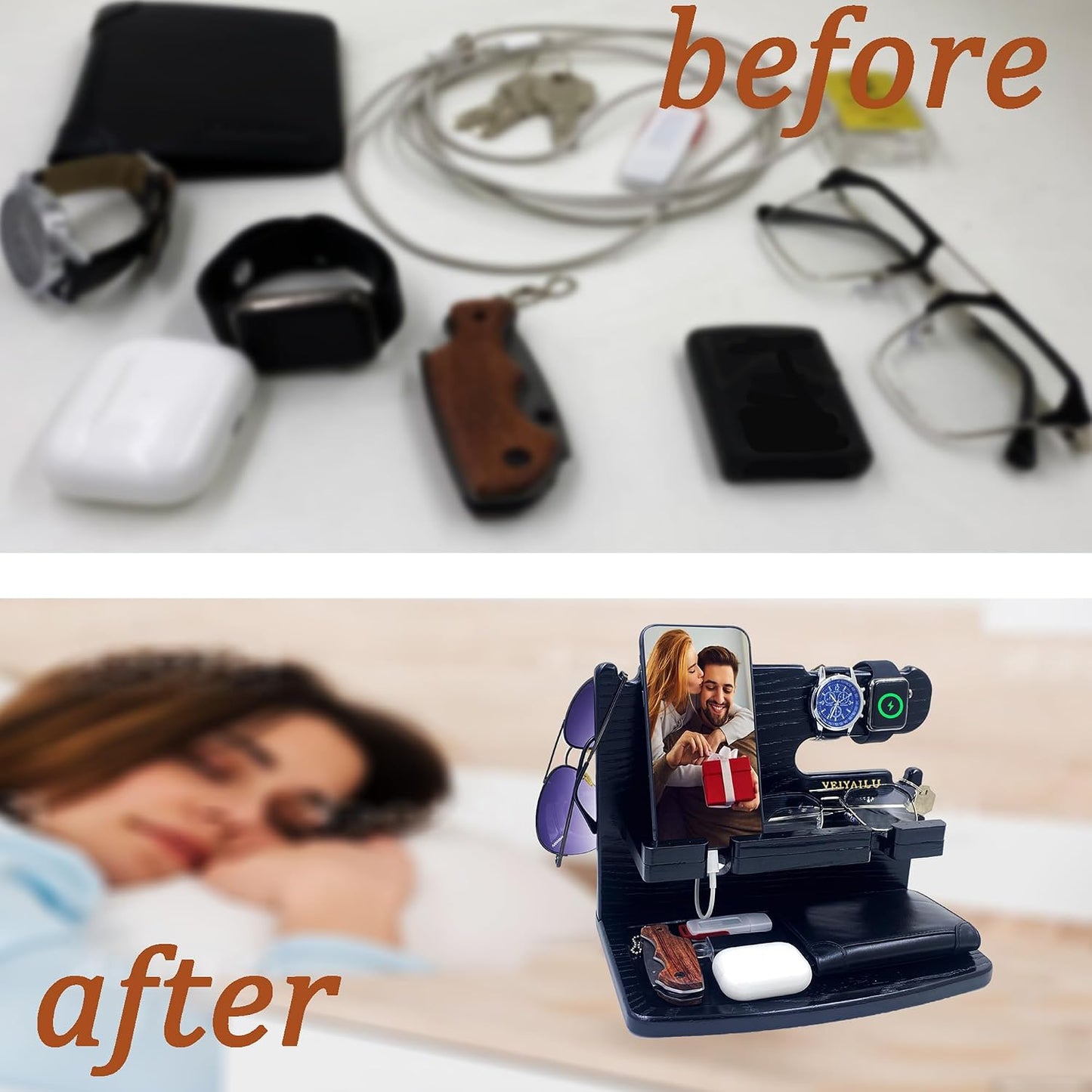 VEIYAILU Gifts for Men Dad Women Husband Boyfriend Him Nightstand Organizer for Men Wood Phone Docking Station Birthday Gifts (Black)