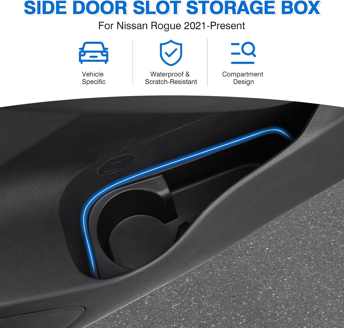 Canvcle Car Door Side Storage Box and Trash Can for 2021-2025 2026 Nissan Rogue Accessories Front Door Insert Tray Organizer Door Slot Storage Protector Garbage Bin with Trash Bags 4PCS