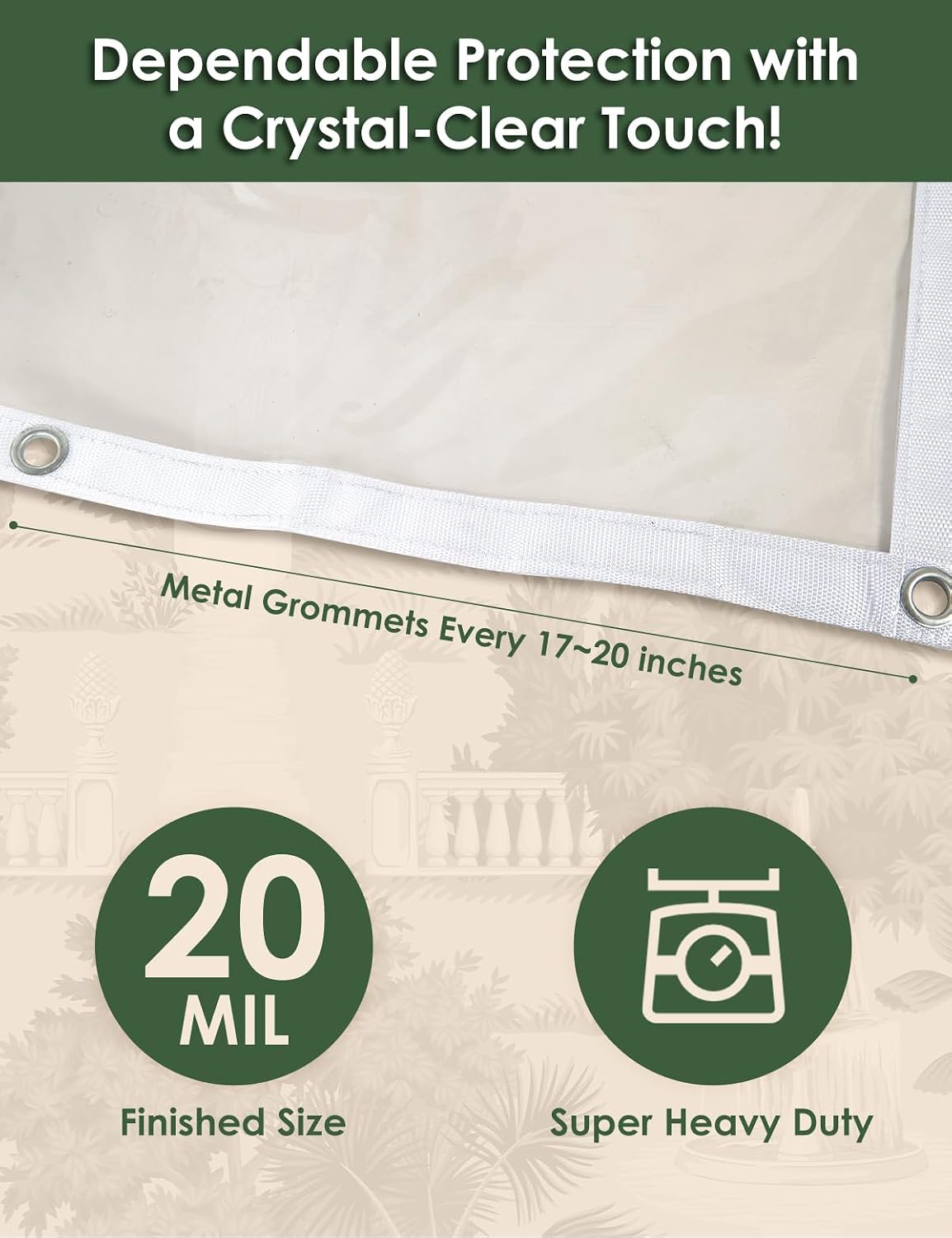 20 Mil Heavy Duty Clear PVC Tarpaulins 8 x 10 FT, Waterproof Wind-Proof Transparent Vinyl Tarp for Patio Pergola Garden Canopy Rainproof Anti-Tear PVC Thick Cover with Grommets (8 x 10 FT)