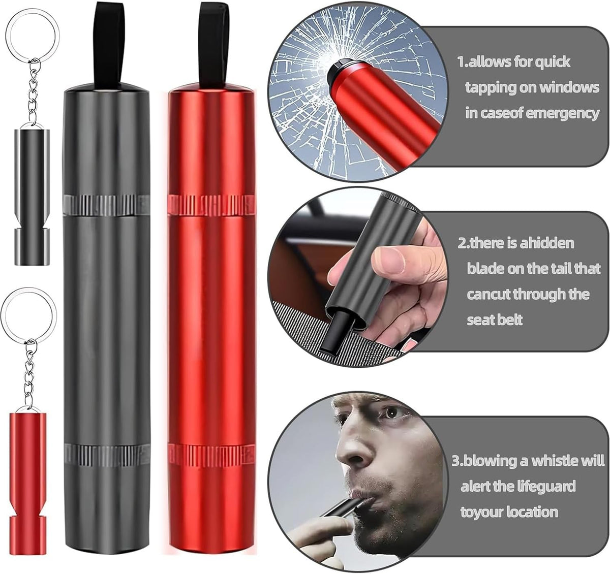 2 Pack Emergency Escape Tool, 2-in-1 Seatbelt Cutter & Window Breaker Hammer with Base, Glass Test Sheet & Whistles - Aluminum Alloy+ABS+Steel for Car, Truck, Bus, Vehicle Emergency Kit