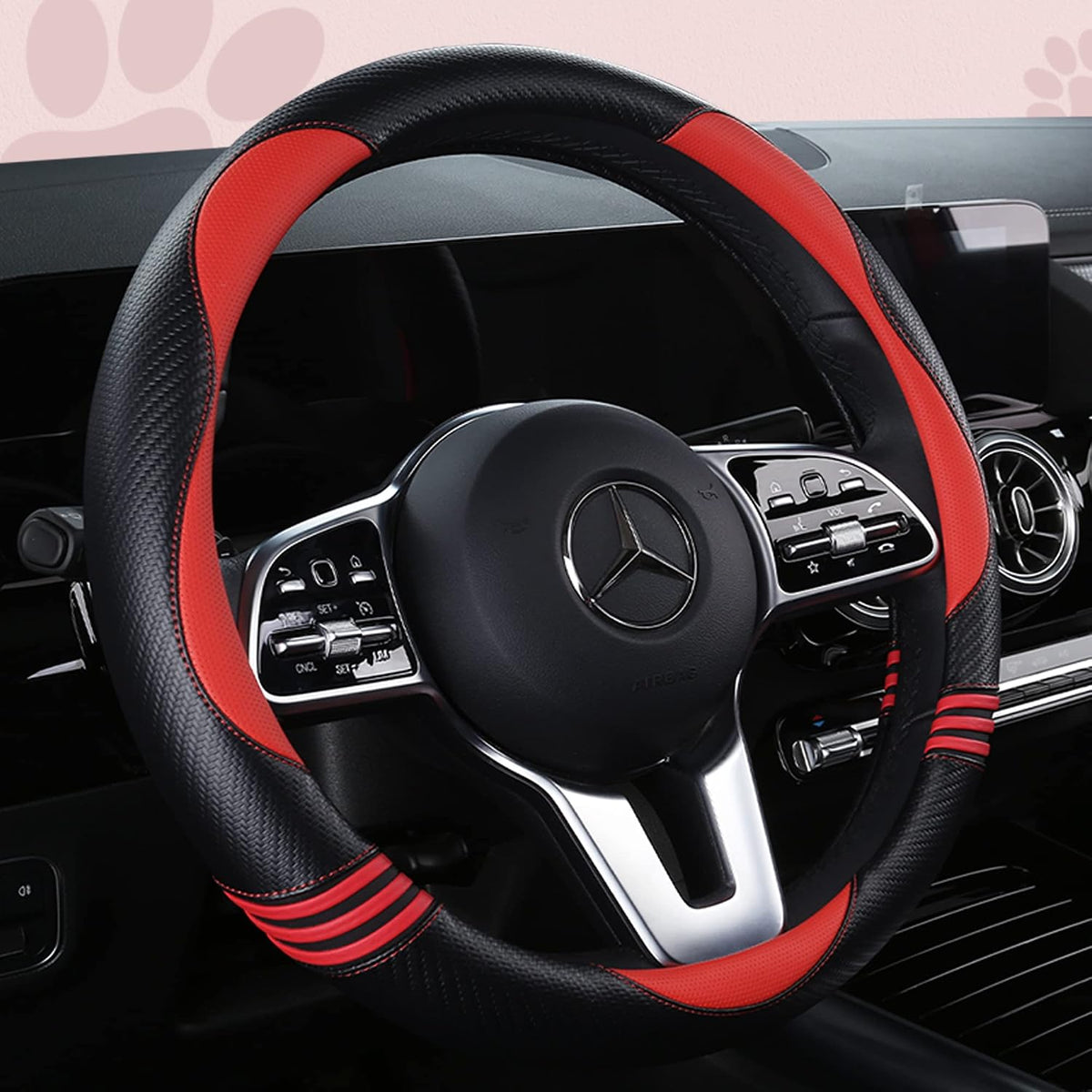 HighnessHwoo Car Steering Wheel Covers for Women Padded Carbon Fiber PU Leather Cute Auto Interior Accessories for Vehicle, Sedan, Universal, Anti Slip, Red, Standard Size, 14.75-15.15in