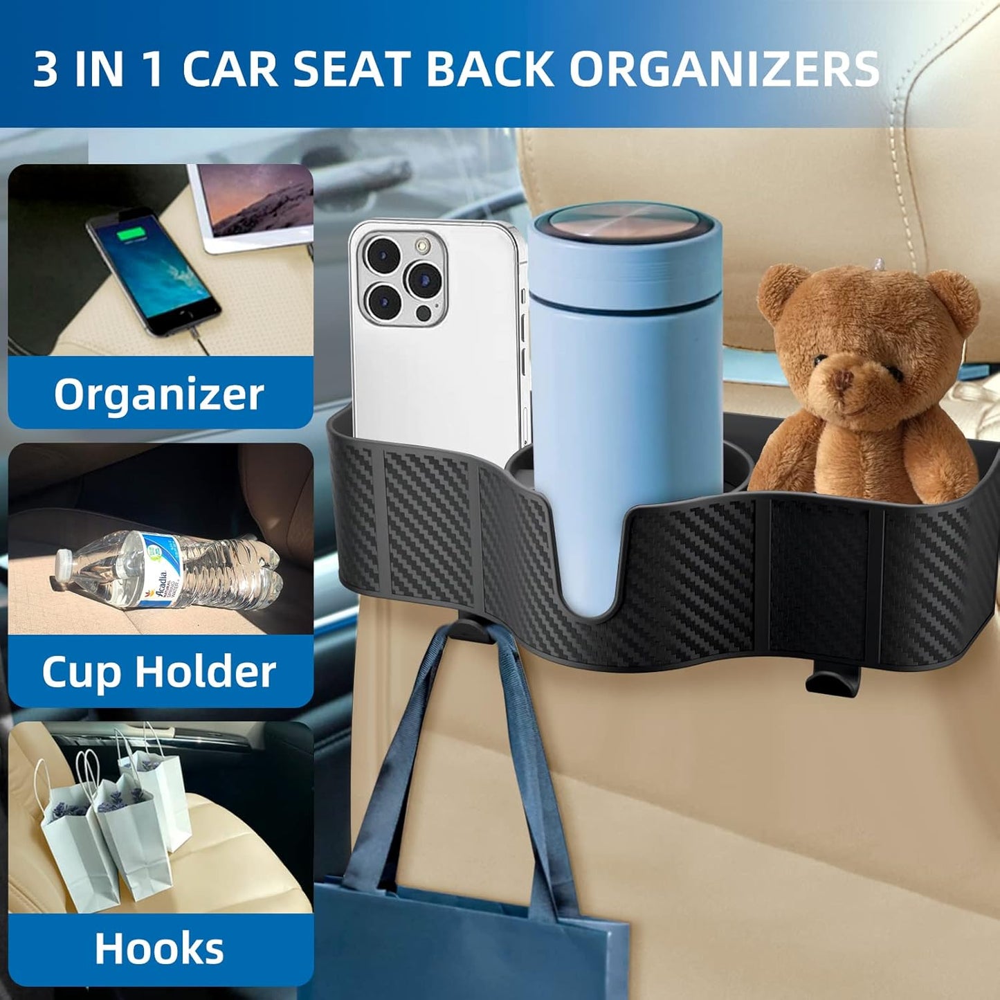 OUSHASAA 3-in-1 Car Headrest Organizer with 3.7" Cup Holder & Hooks-1PC | Backseat Cup Holder for Car, Multifunctional Car Travel Storage, Fits Most Cars & SUVs, Easy Installation