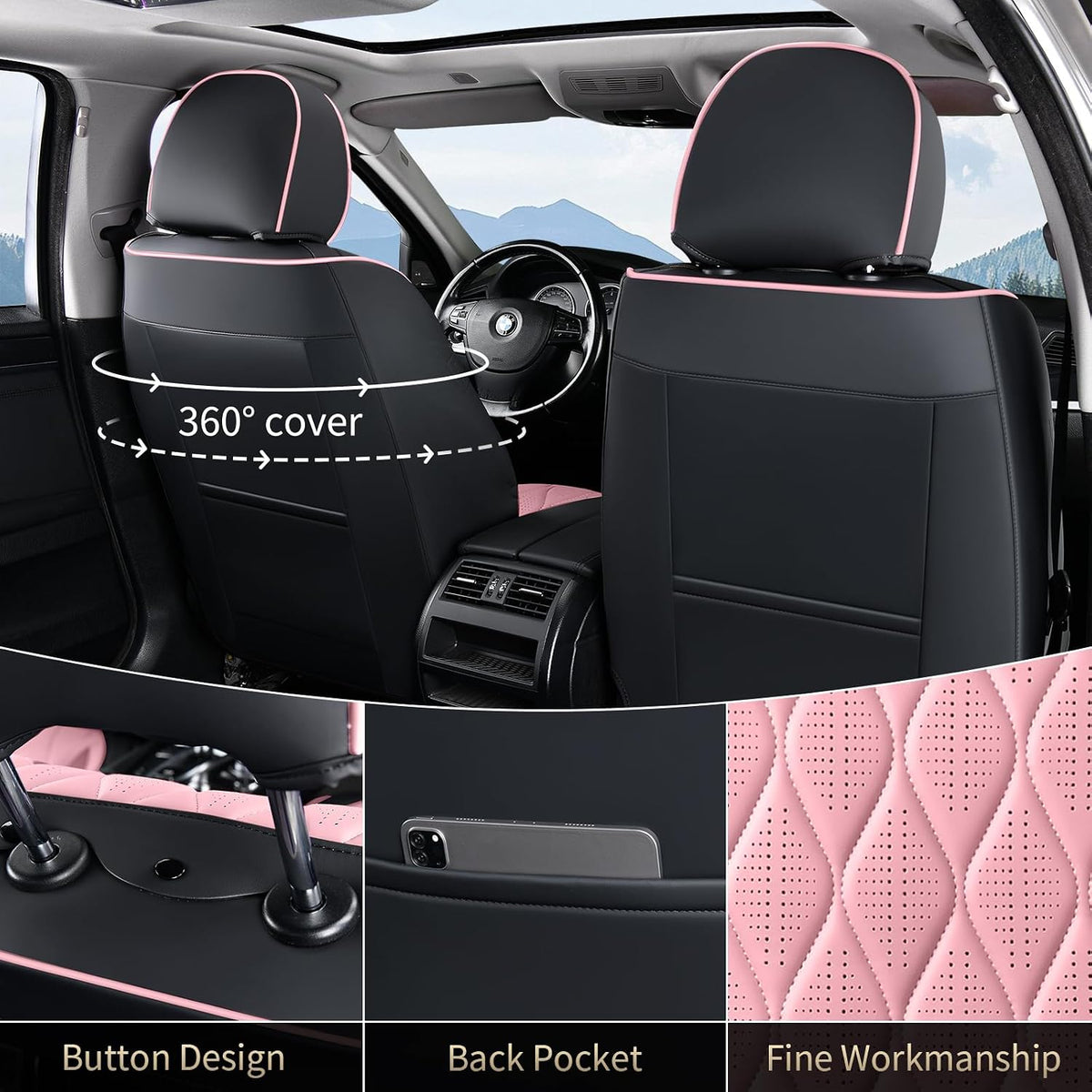 FLORICH Seat Covers Front Pair Pink Car Seat Covers Leather Car Seat Cover Waterproof Automotive Seat Covers Vehicle Seat Interior Cover Universal Fit for Most Cars Sedans Trucks SUV, Black&Pink