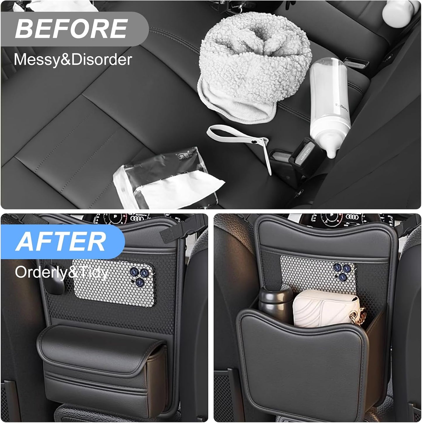 Car Organizer Storage Between Seats, Nappa Leather Headrest Hanging Storage Bag Pocket Purse Holder Snack Holder Automotive Console Organizer for Travel, Driving