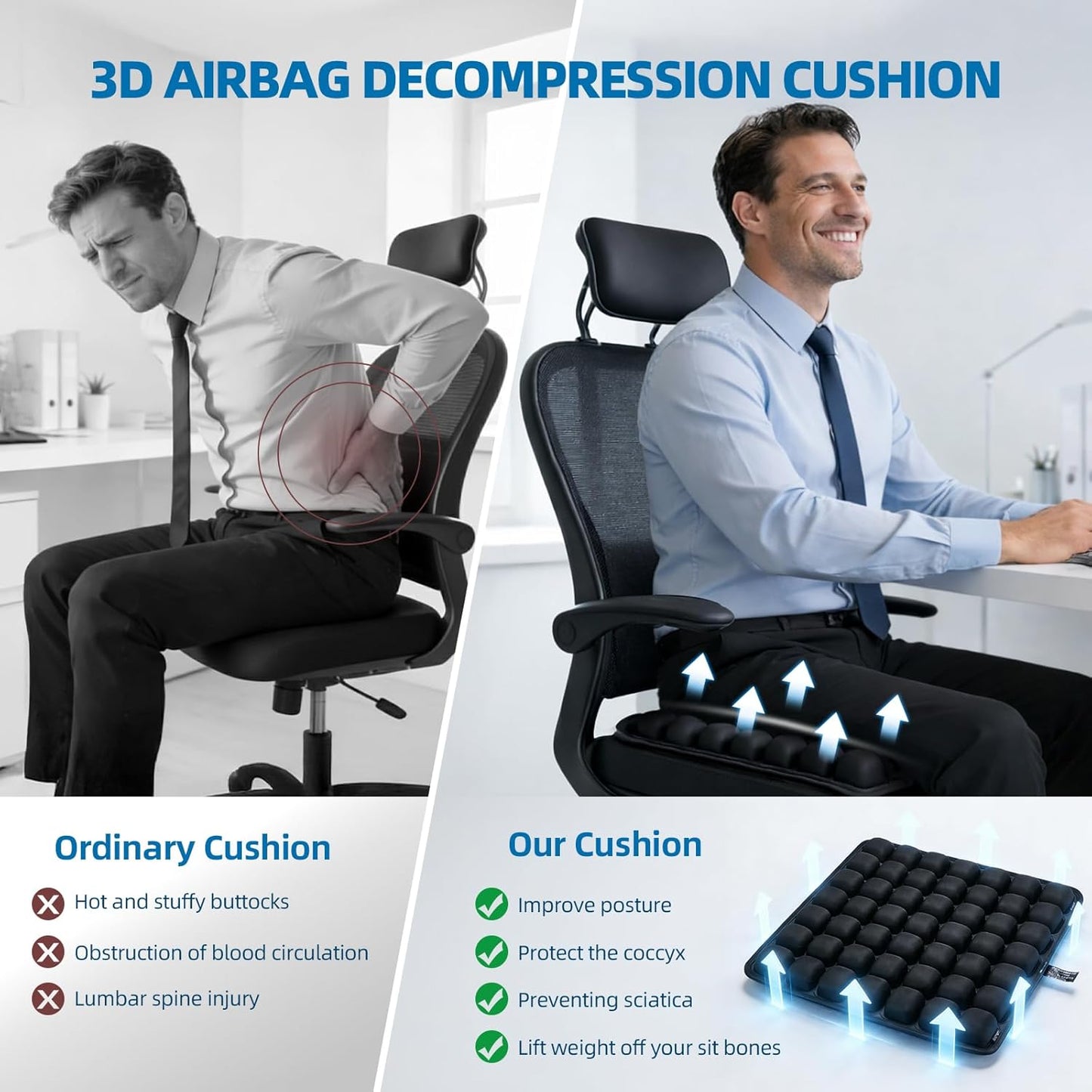 Inflatable Seat Cushion, Airplane Seat Cushion for Long Flights, Travel Cushion for Pressure Relief, Ergonomic Car Seat Cushion Without Air Pump, Air Cushion Seat for Wheelchair, Travel
