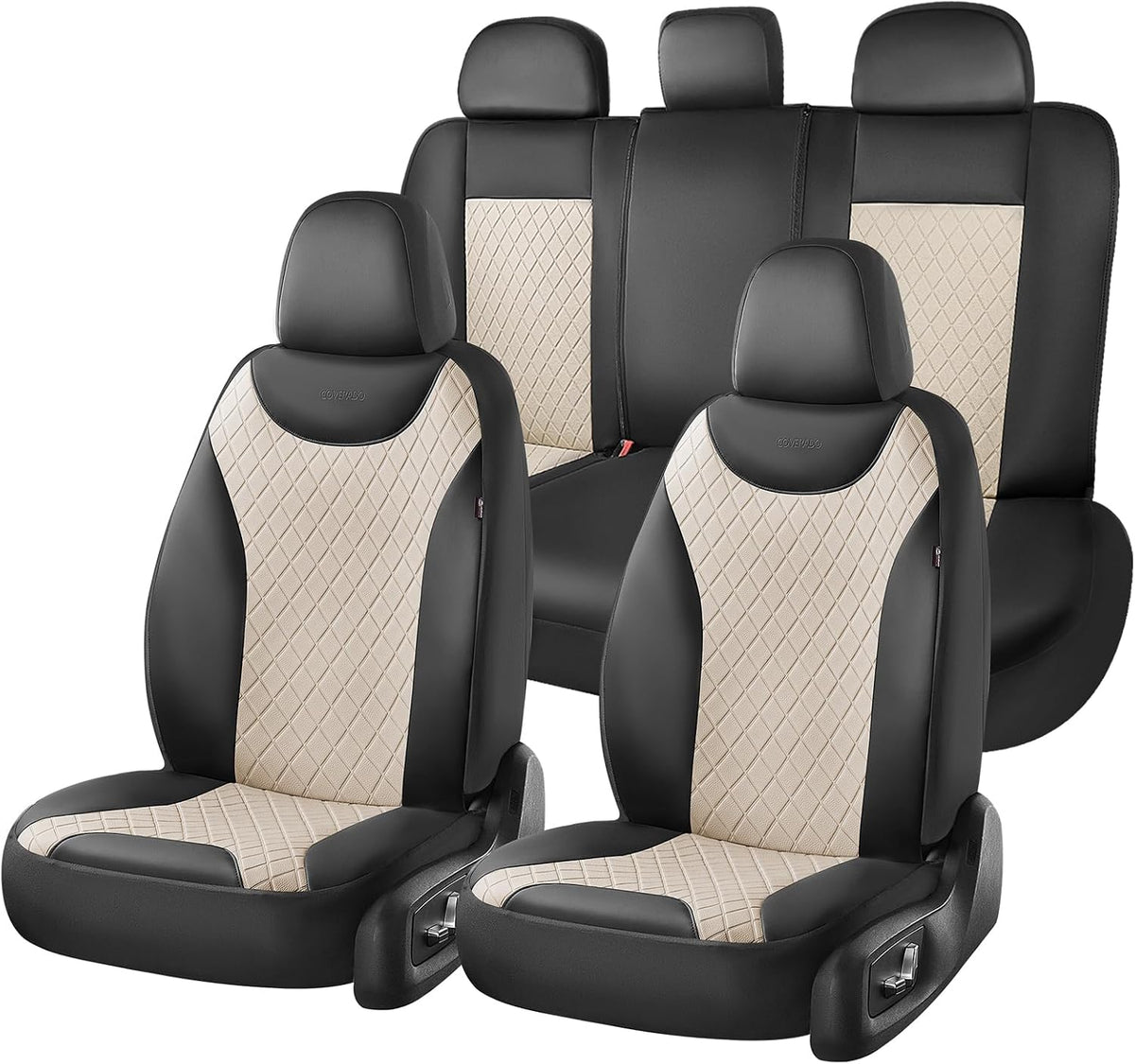 Coverado Front and Back Seat Covers, 5-Pack Universal Seat Covers for Cars, Leather & Fabric Splicing Design Car Seat Protectors, Waterproof Seat Cushions Universal for Most Vehicles, Black & Beige