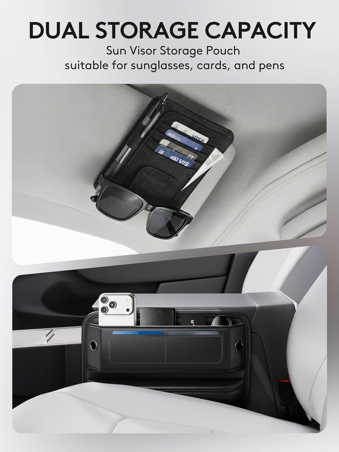 2 Pack Car Seat Gap Filler Organizer with Sun Visor Organizer, PU Leather Seat Gap Filler for Phone, Keys, Cards & Sunglasses, Front Seat Storage Side Pocket for Cars SUVs Trucks