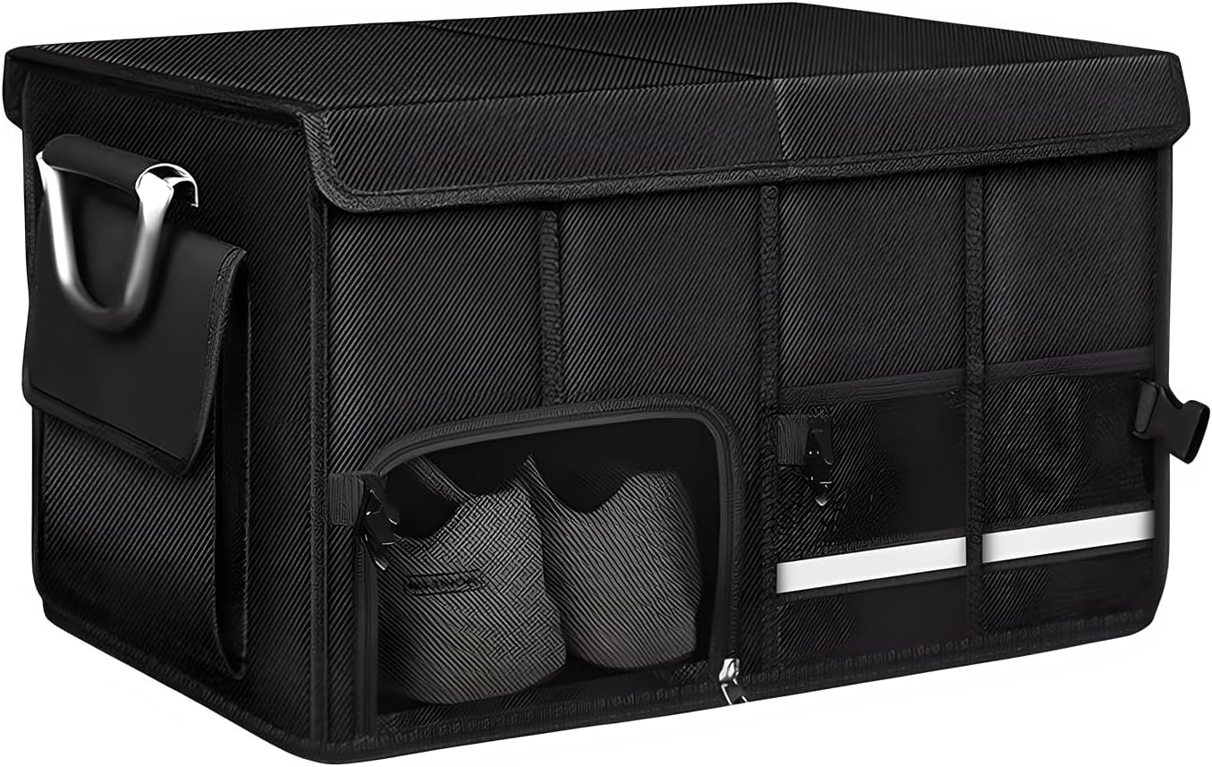 Car Trunk Organizer, 52L Collapsible Car Storage Waterproof Trunk Organizer with Lid & Handle, Multi Compartment Oxford Cargo Groceries Storage for Trucks SUVs Sedans