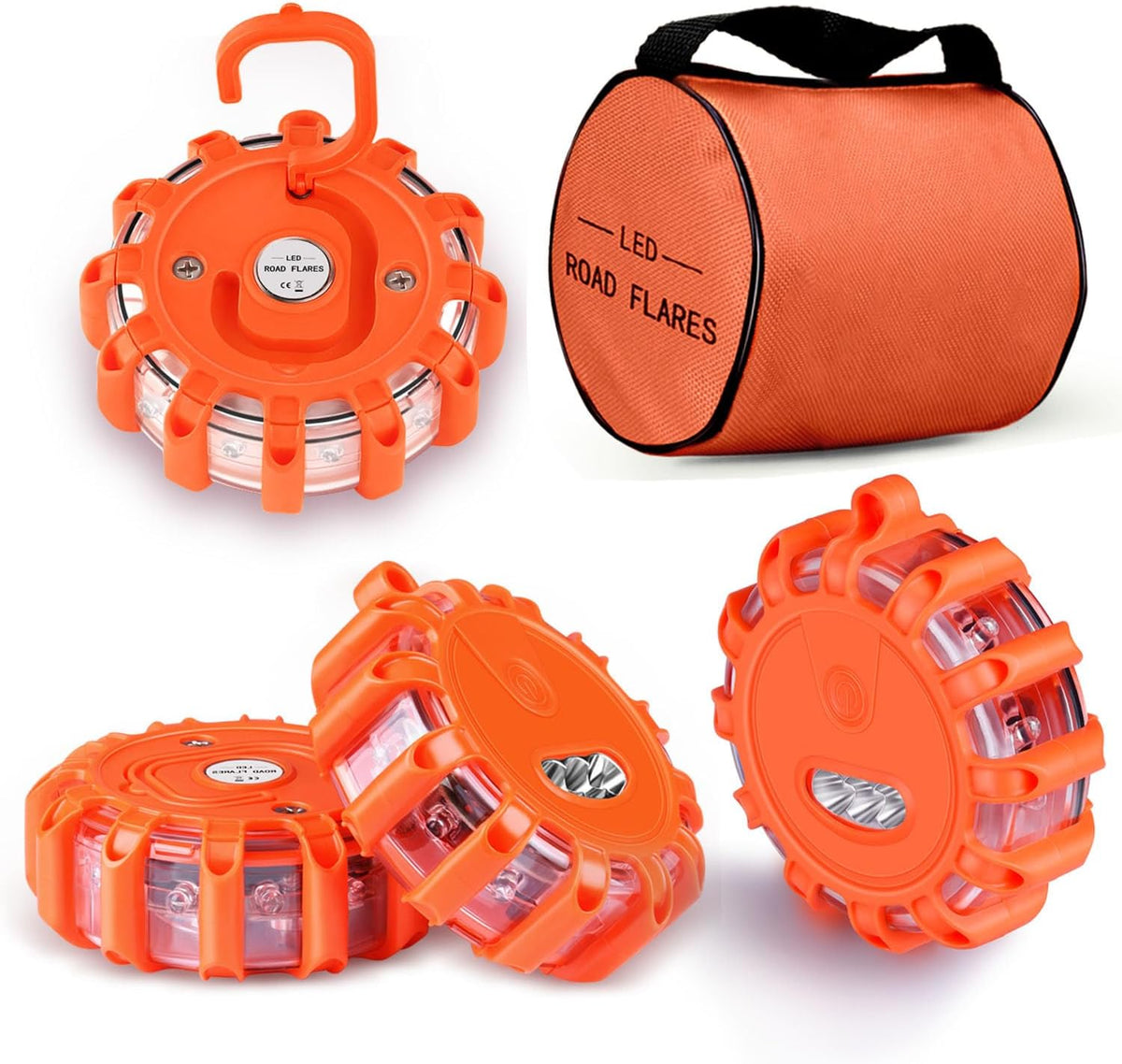 4 Pack LED Road Flares Emergency Lights, 9 Glow Modes Roadside Emergency Warning Car Safety Beacon Flashing Disc Flare Kit with Magnetic Base & Hook for Vehicles,Cars,Truck,Boat(NO Battery Included)