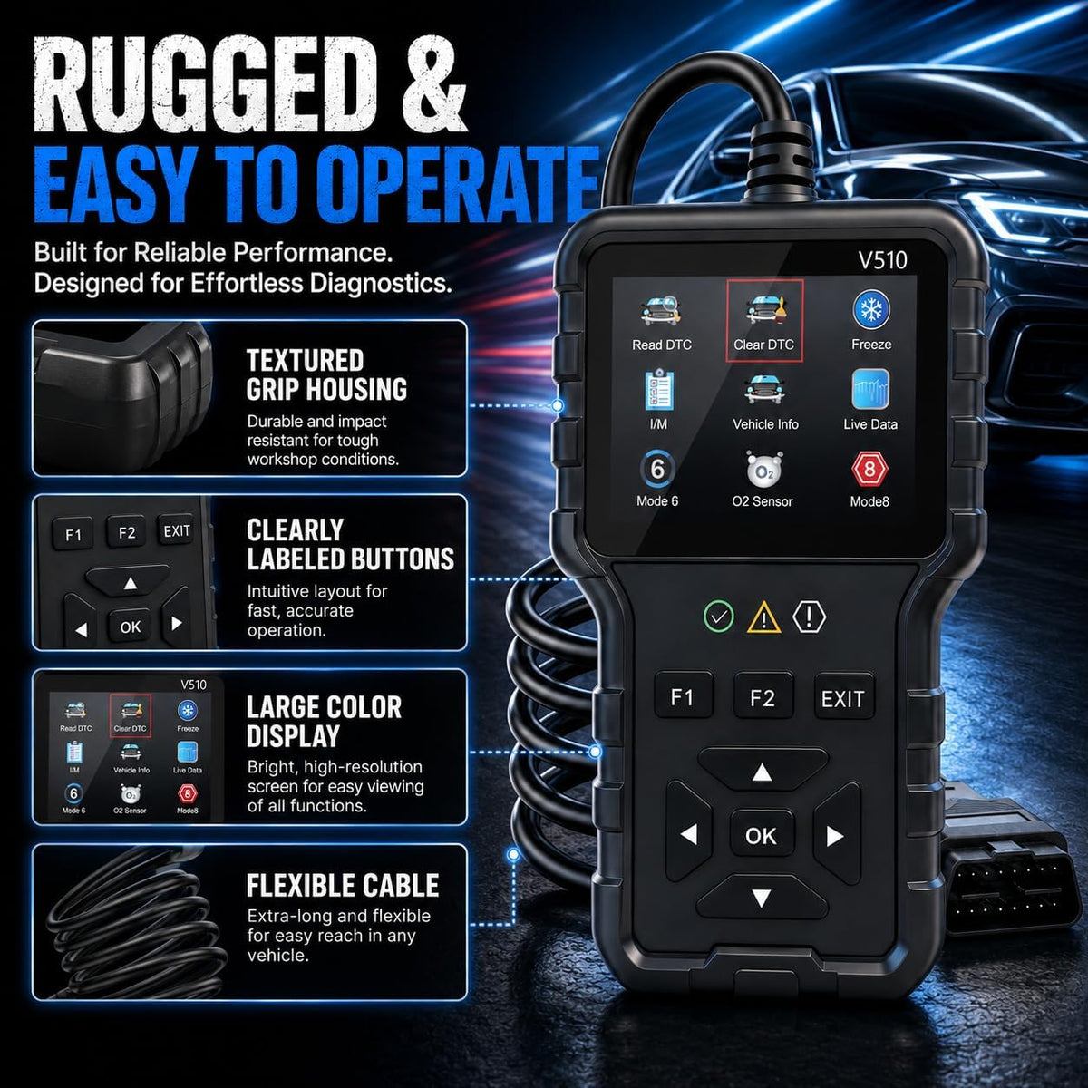 V510 OBD2 Scanner Diagnostic Tool -Code Reader, Reset Function, Data Stream, I/M Readiness, Full OBS2 Function, Modes 6 & 8, for All 1996+ Vehicles