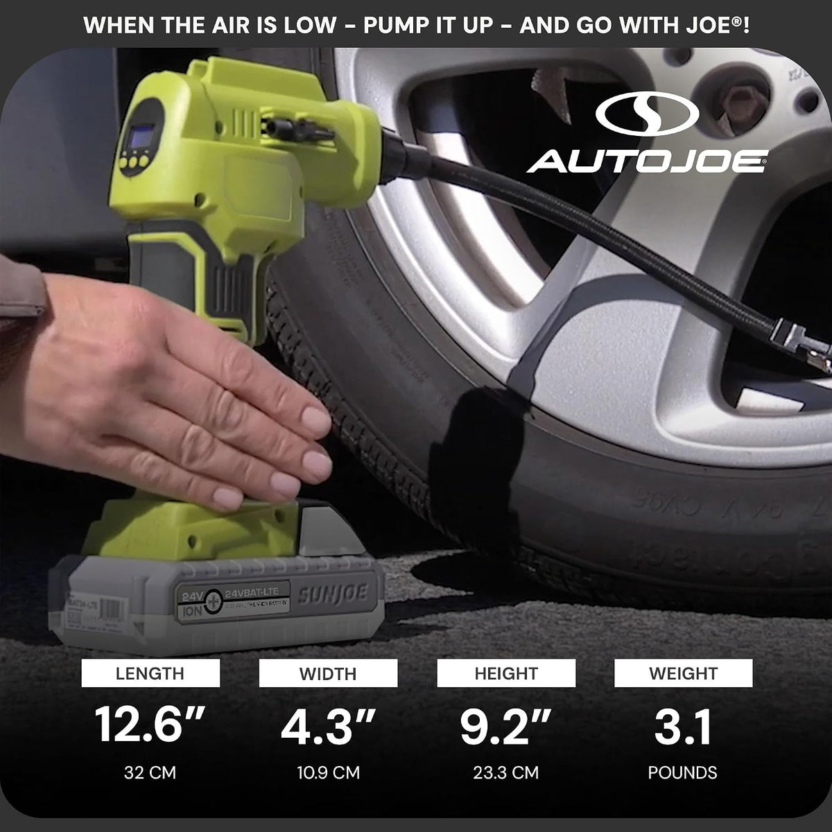 Sun Joe Cordless Tire Air Inflator and Compressor Kit w/ 2.0-Ah Battery, Charger and Nozzle Adapters - Portable Battery-Powered Inflating Tool for Car Wheels, Pools, and Bikes, IONMAX 24V-AJC-LTE
