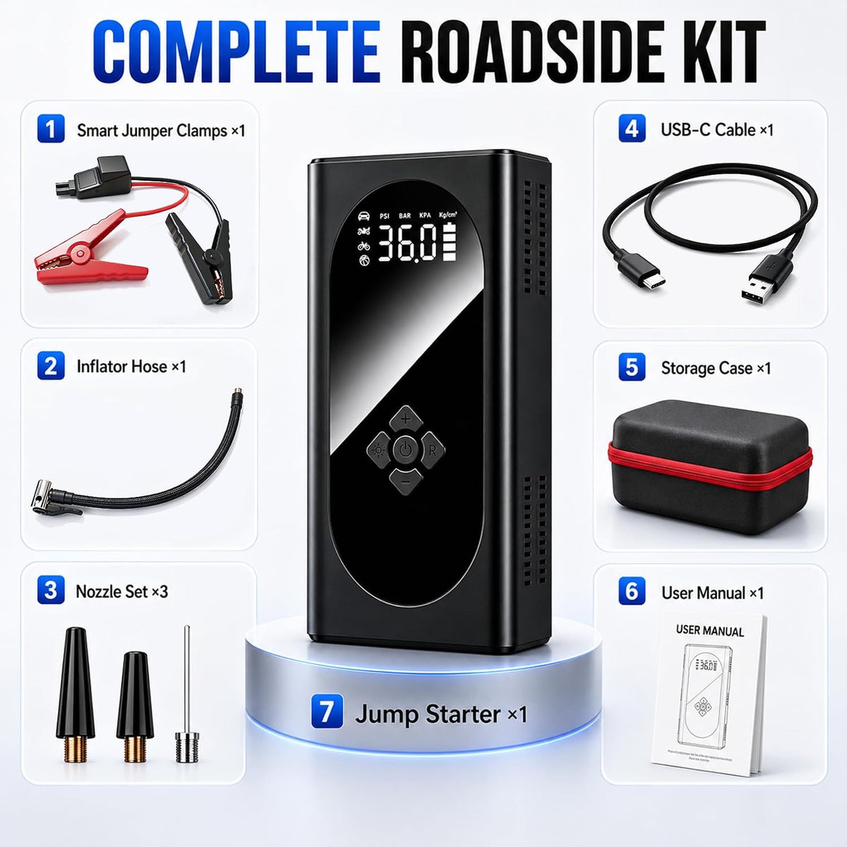 8000A Car Battery Jump Starter with Air Compressor, 150 PSI Tire Inflator