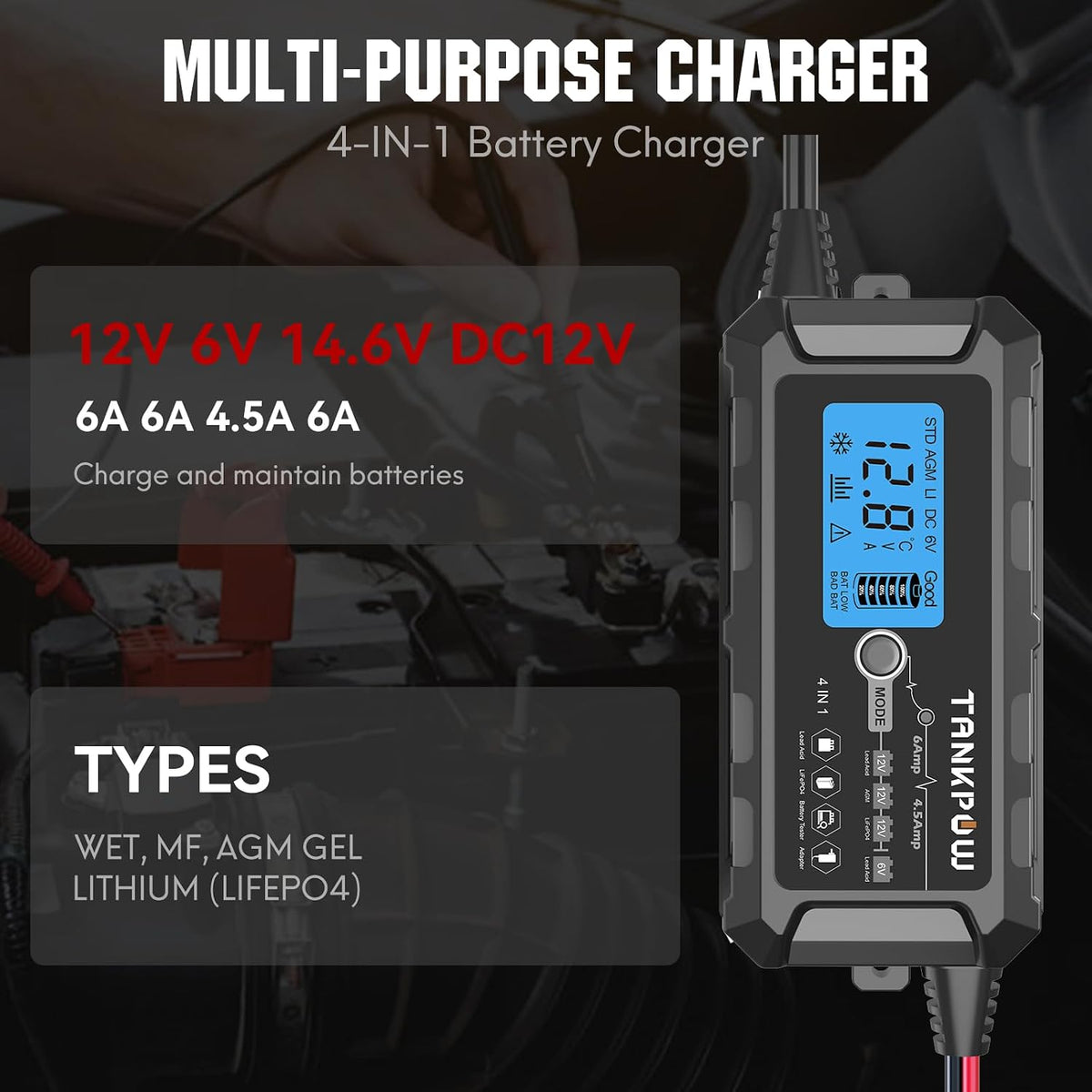 6V/12V 6A Automatic Battery Charger,Smart Battery Charger with Overcharge Protection,Trickle Charger Maintainer and Desulfator for Lead Acid & Lithium(LiFePO4) Deep Cycle Batteries