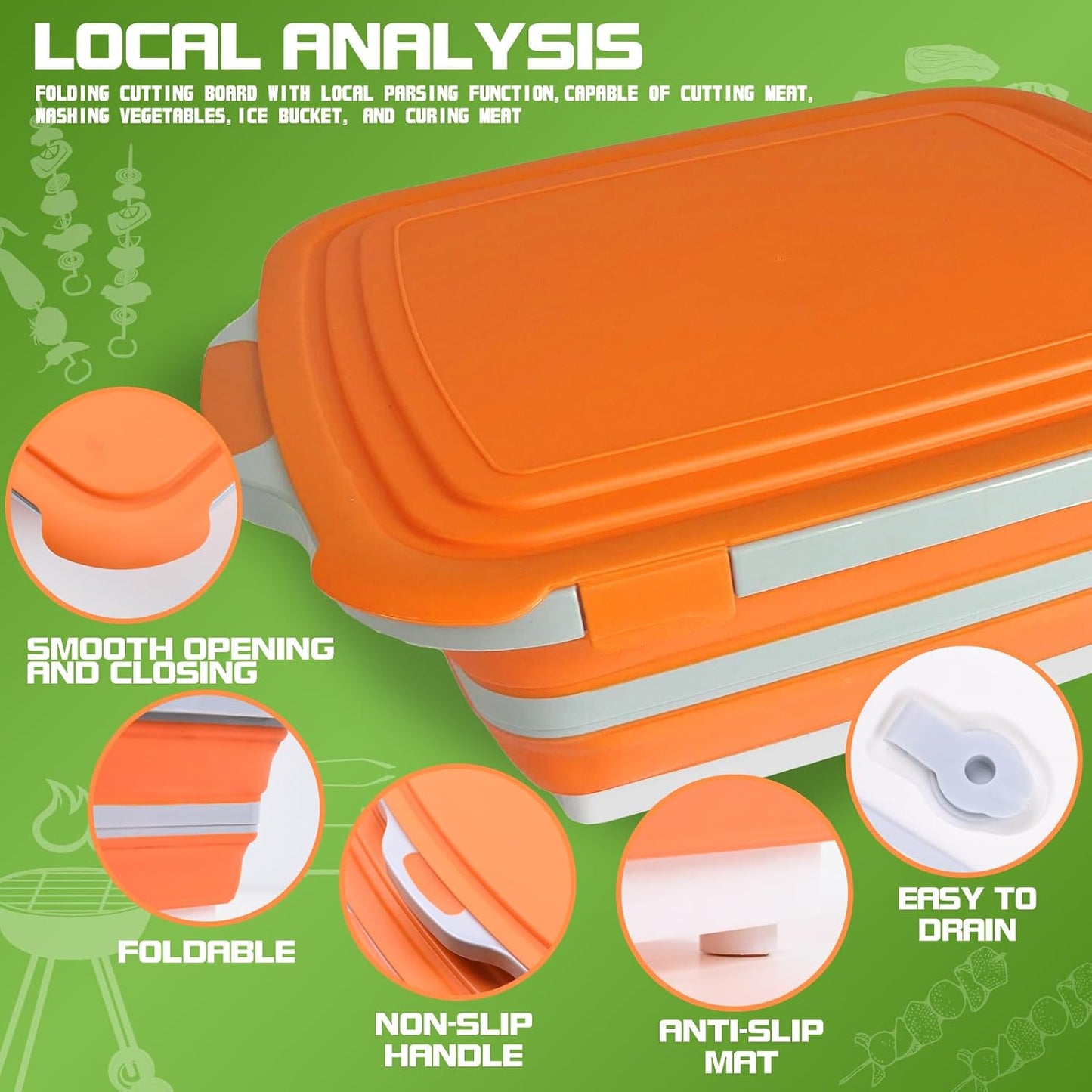 Collapsible BBQ Prep Tub with Lid & Cutting Board 16L - XL Meat Marinating Basin & Grill Carry System - 5pc Set with Heat Resistant Gloves, Basting Brush & Spatula(Orange, Large, 16L)