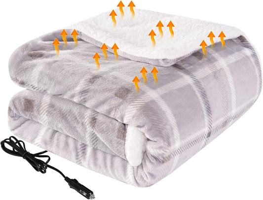 Westinghouse Heated Car Blanket, 12-Volt Electric Blanket for Car, Truck, SUV, RV, Portable Heated Throw for Camping, Beige Buffalo Plaid, 59" x 43”