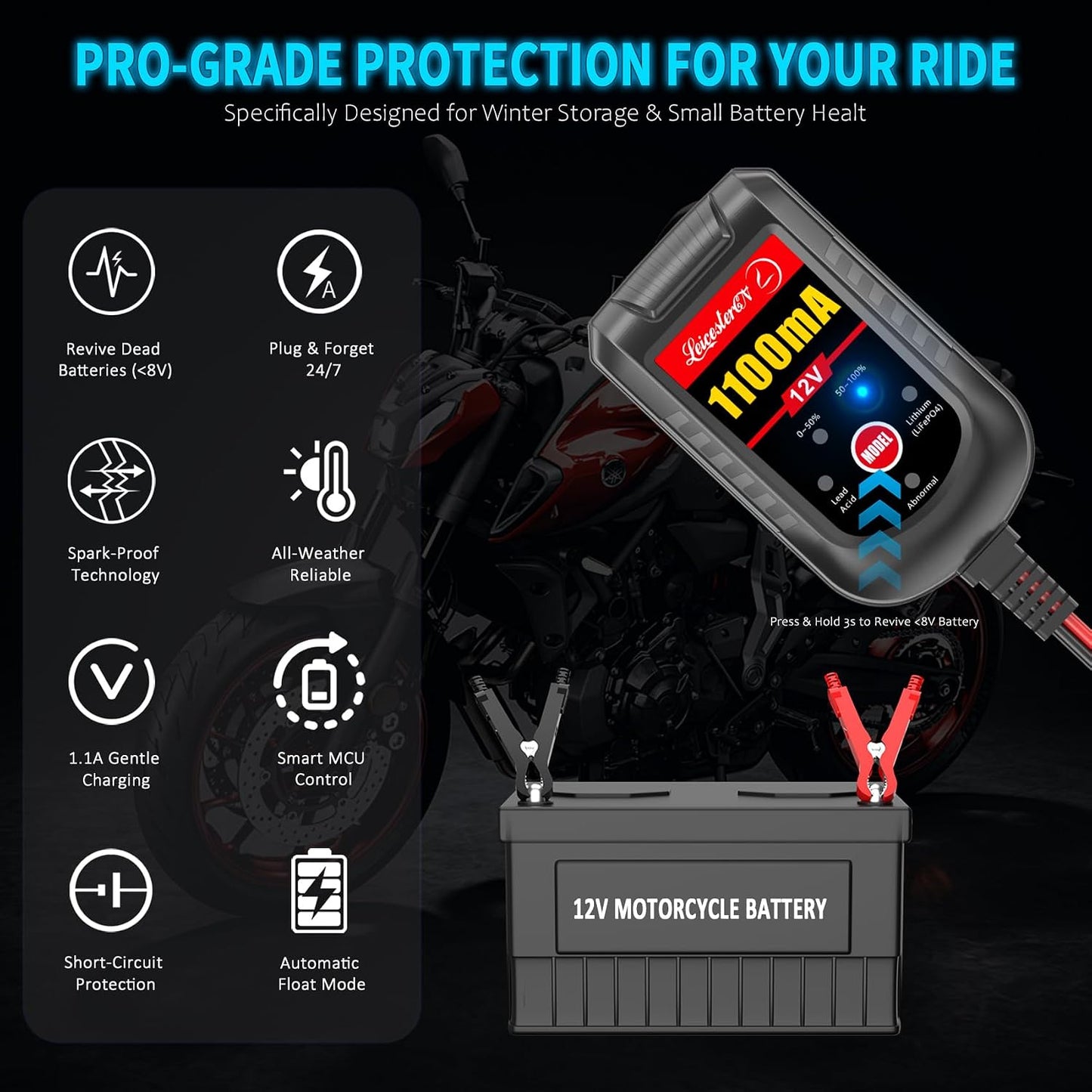 2 Pack Motorcycle Battery Charger 12V, 1.1Amp Trickle Charger and Maintainer - Smart Automatic Float Charger for Cruiser Sport Bike ATV Scooter Dirt Bike Lawn Mower, LiFePO4 Lead Acid AGM Gel