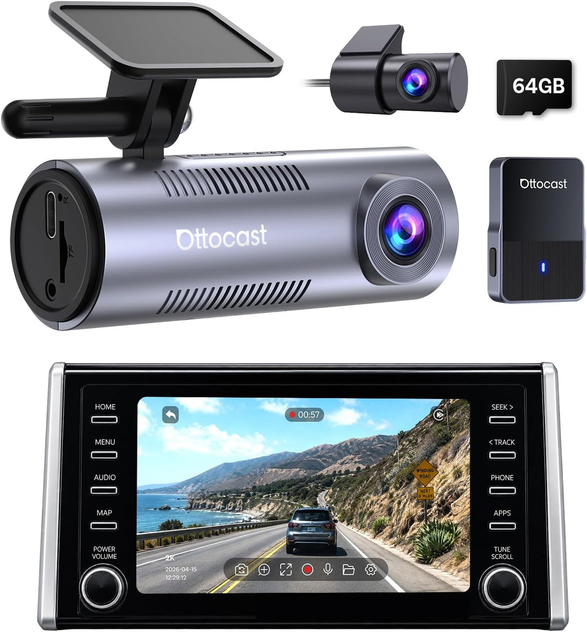 OTTOCAST Dash Camera for Cars, Wireless CarPlay, Factory Screen Playback