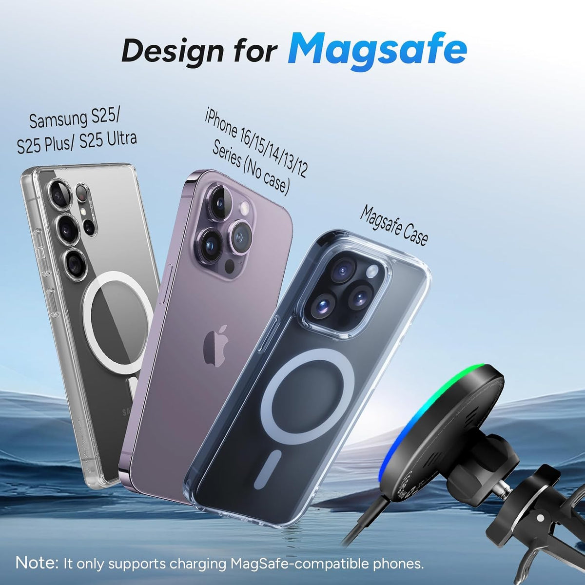 Lecork for Magsafe Car Mount, 15W Magnetic Wireless Charger for iPhone, Magsafe Air Vent Car Holder Charger for iPhone 16 Pro Max/16/15/14 13 12, Samsung S25/S25+/Ultra, RGB LED Design