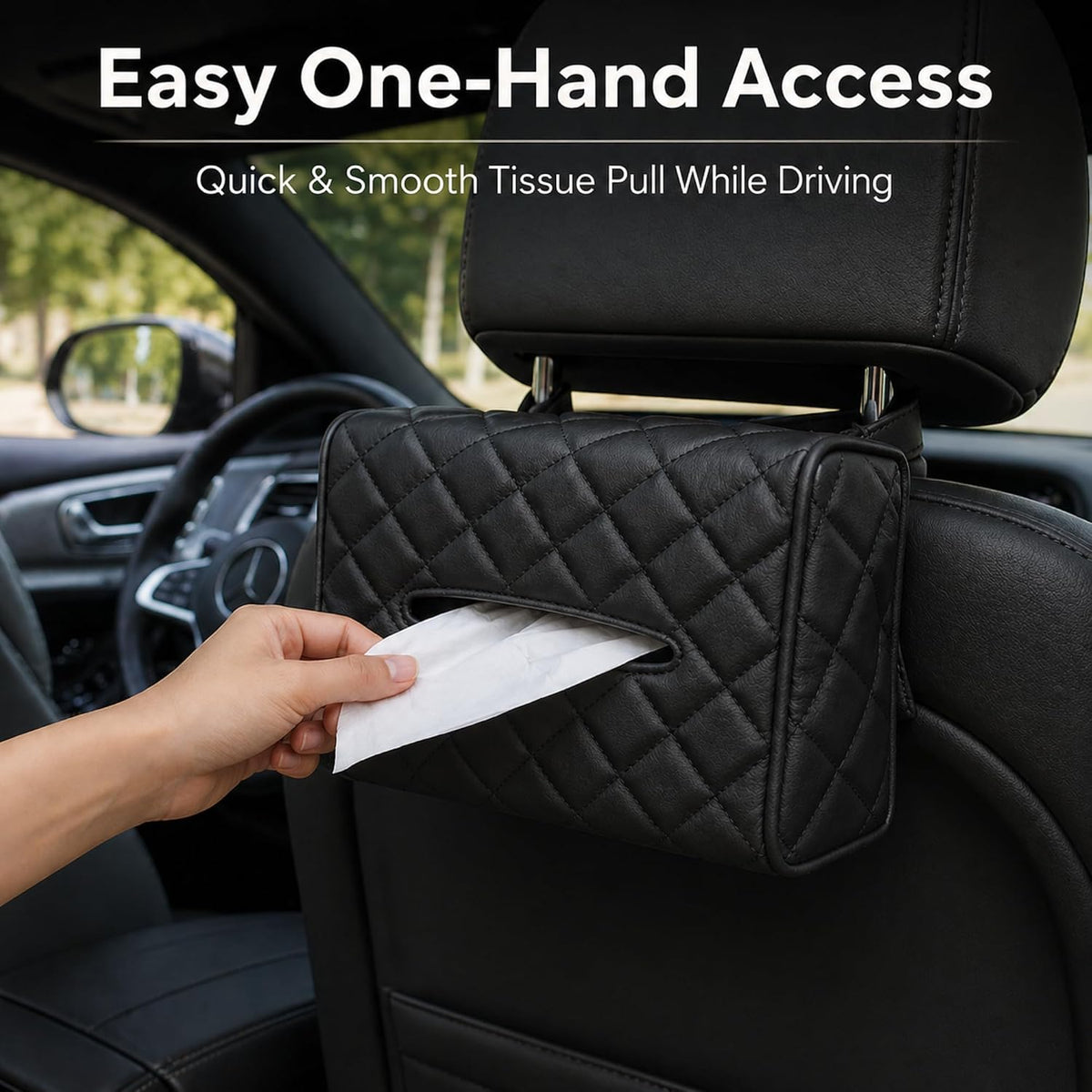Luxury Quilted Car Tissue Holder – Headrest-Mounted Tissue Box for Cars, SUVs & Trucks – PU Leather Tissue Dispenser with Secure Strap – Easy One-Hand Access (Black)