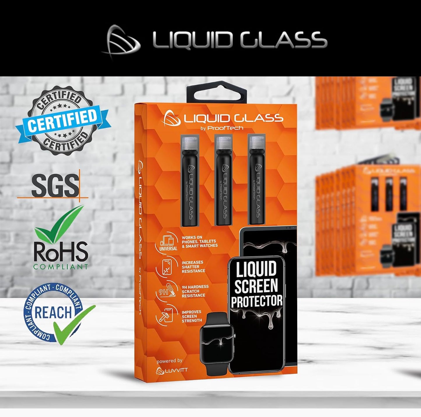 ProofTech Liquid Glass Screen Protector for Up to 12 Devices Universal Fit for All Smartphones Tablets and Watches Scratch and Shatter Resistant Wipe On Nano Protection - 3 Bottles
