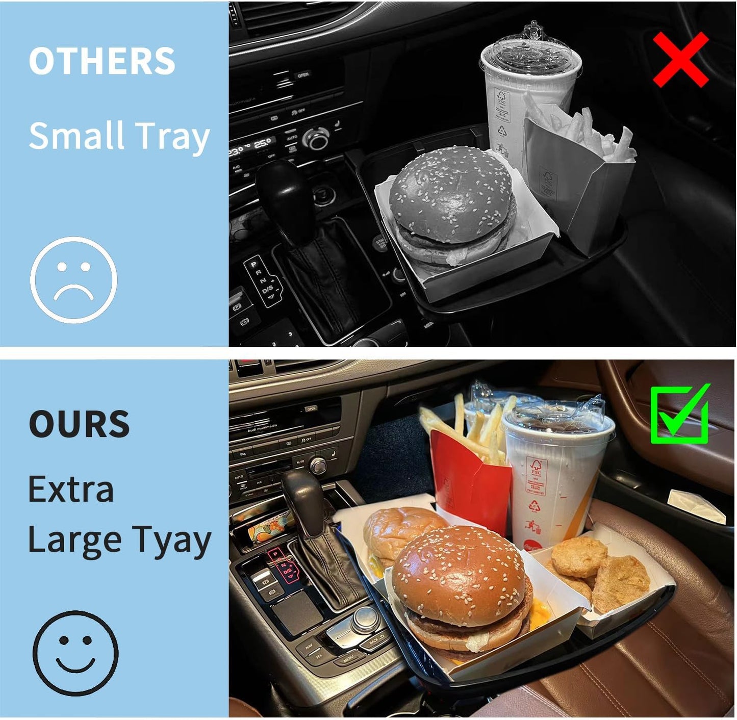 Kelofam Larger Cup Holder Tray, 10 inch Car Food Tray for Eating, Detachable 3 in 1 Car Cup Holder Expander and 360° Rotating Car Cup Holder Tray Table with Phone Holder, Road Trip Essentials