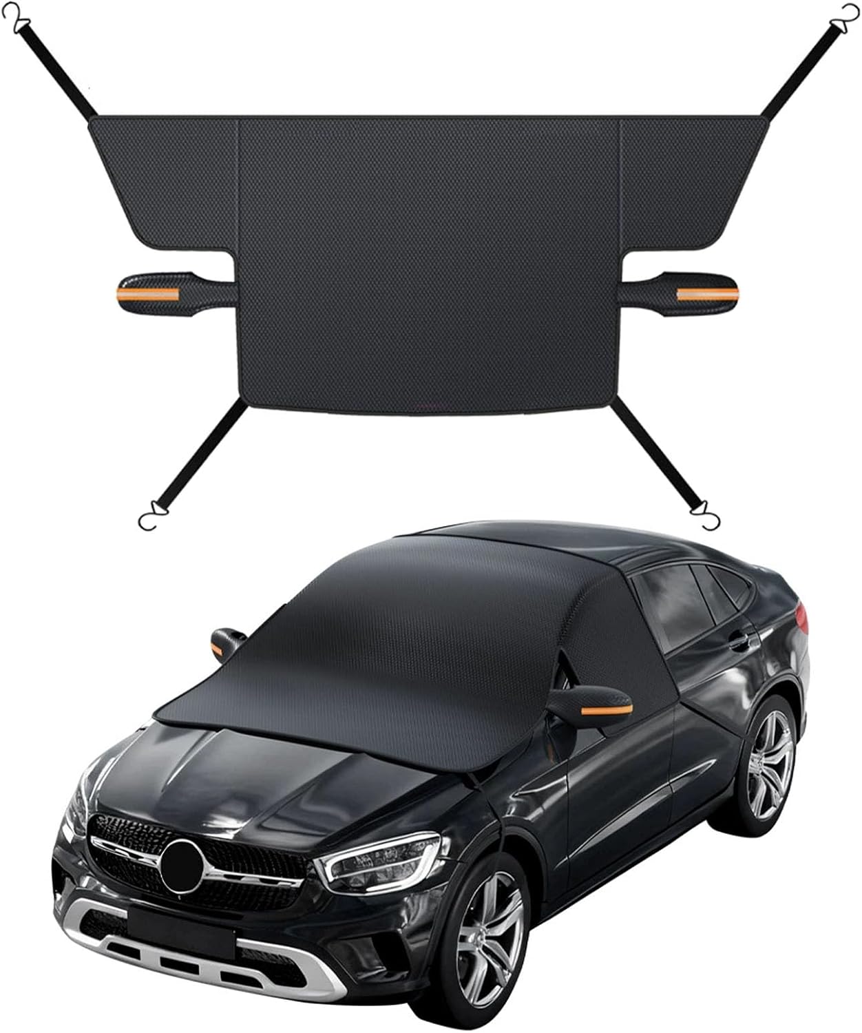 Windshield Cover for Ice and Snow, Winter Summer Sunshade with Thickened 600D Oxford Fabric, Universal Car Frost Shield Snow Cover Windshield Protector Green Earmuffs with Four Straps