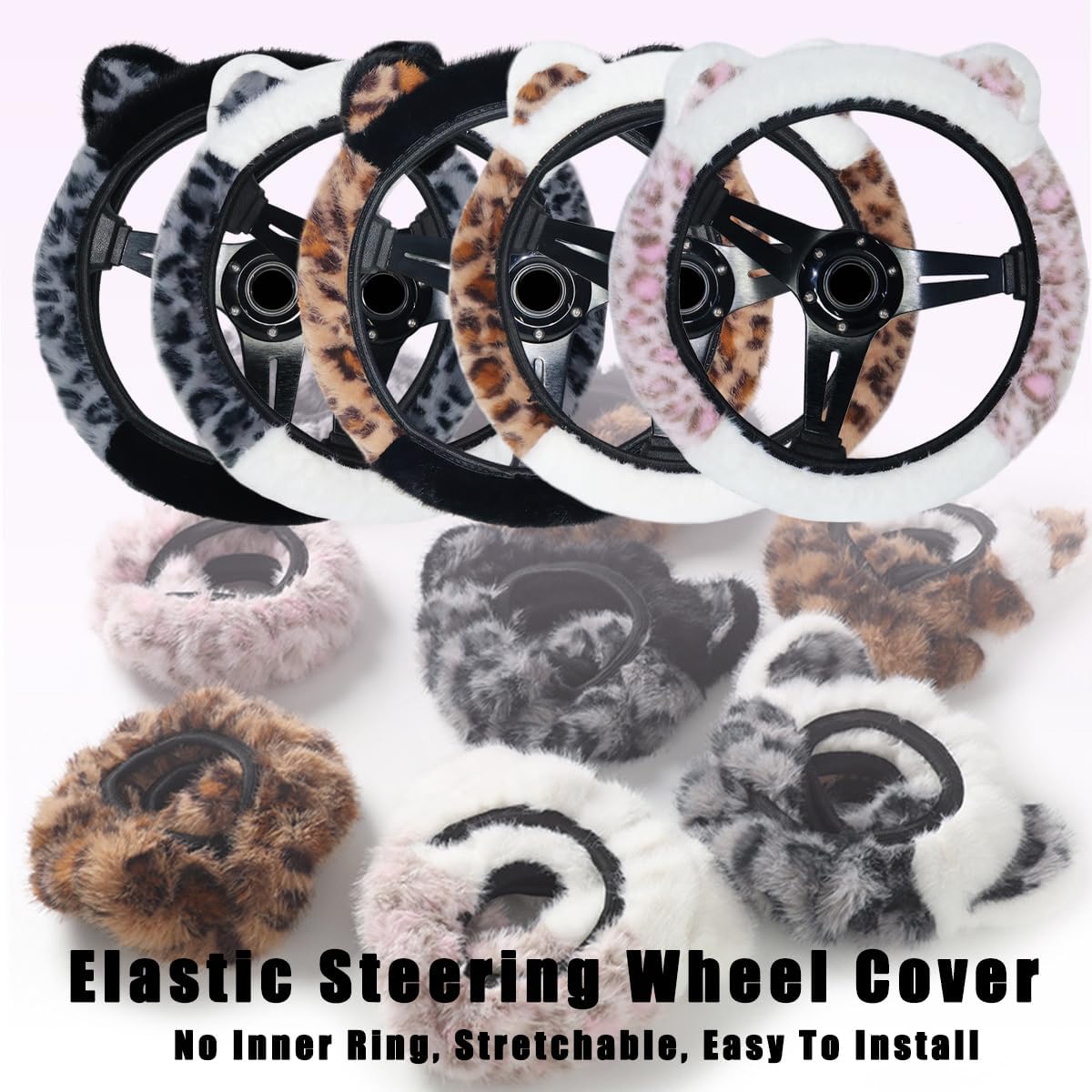 Leopard Fluffy Car Steering Wheel Cover with Keychain 14-15 inch Gray White