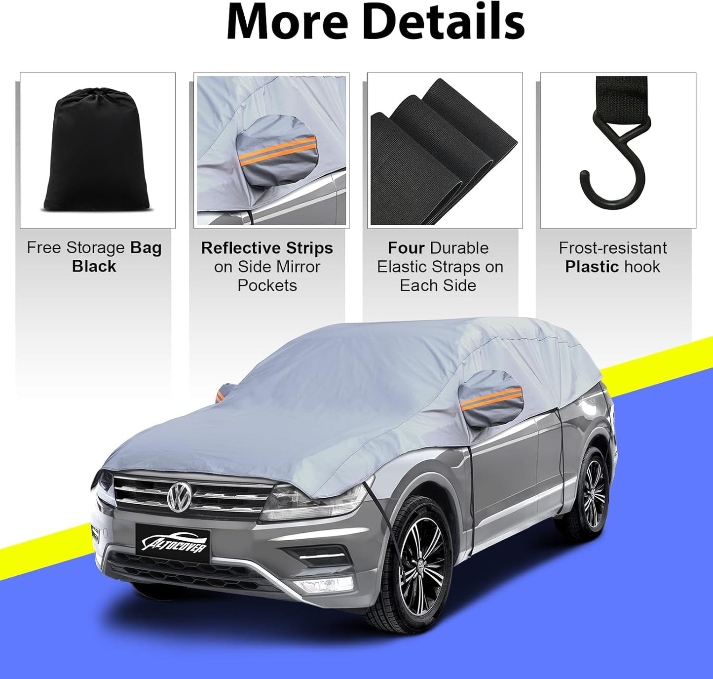 Half Car Cover SUV, Top Cover for Windshield & Sunroof Protection with Cotton Liner, Hail Protector Car Cover Waterproof All Weather for Snow, Sun,Rain,Dust,Size M