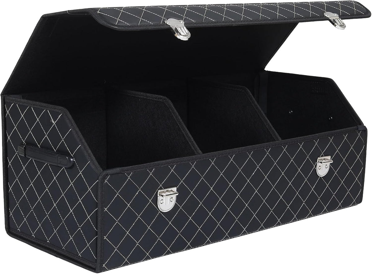 Trunk Organizer with Lid for Car Foldable Storage Box Heavy Duty PU Leather Cargo Organizer for SUV Sedan Waterproof (Black, Large)