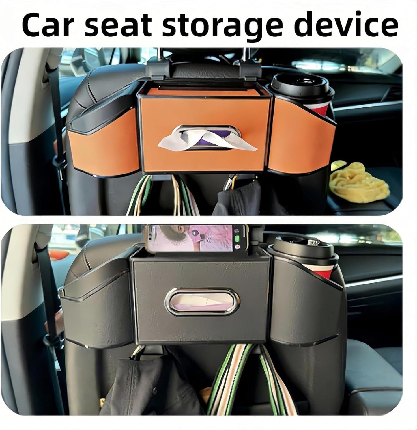 Car Back Seat Organizer, Car Tissue Holder, Cup Holder for Car - 2026 Upgrade 4-in-1 Leather Organizer & Storage Box for Phone, Snacks, Drinks, Handbag. Keep Your Ride Clean (Black)