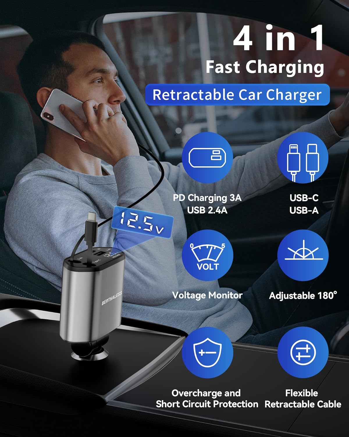 Retractable Car Charger,4 in 1 Fast Charging Car Charger with USB-C & USB-A