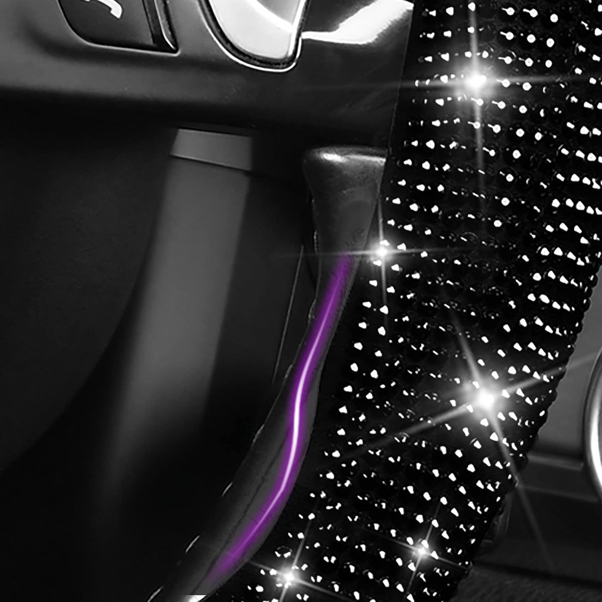 CAR PASS 2PCS Bling Diamond Segmented Steering Wheel Cover with Crystal Rhinestones, Wheel Protector Non-Slip Cute Car Accessories Universal Fit D-Shape O-Shape 14.5" to 16" for Women, Black Diamond