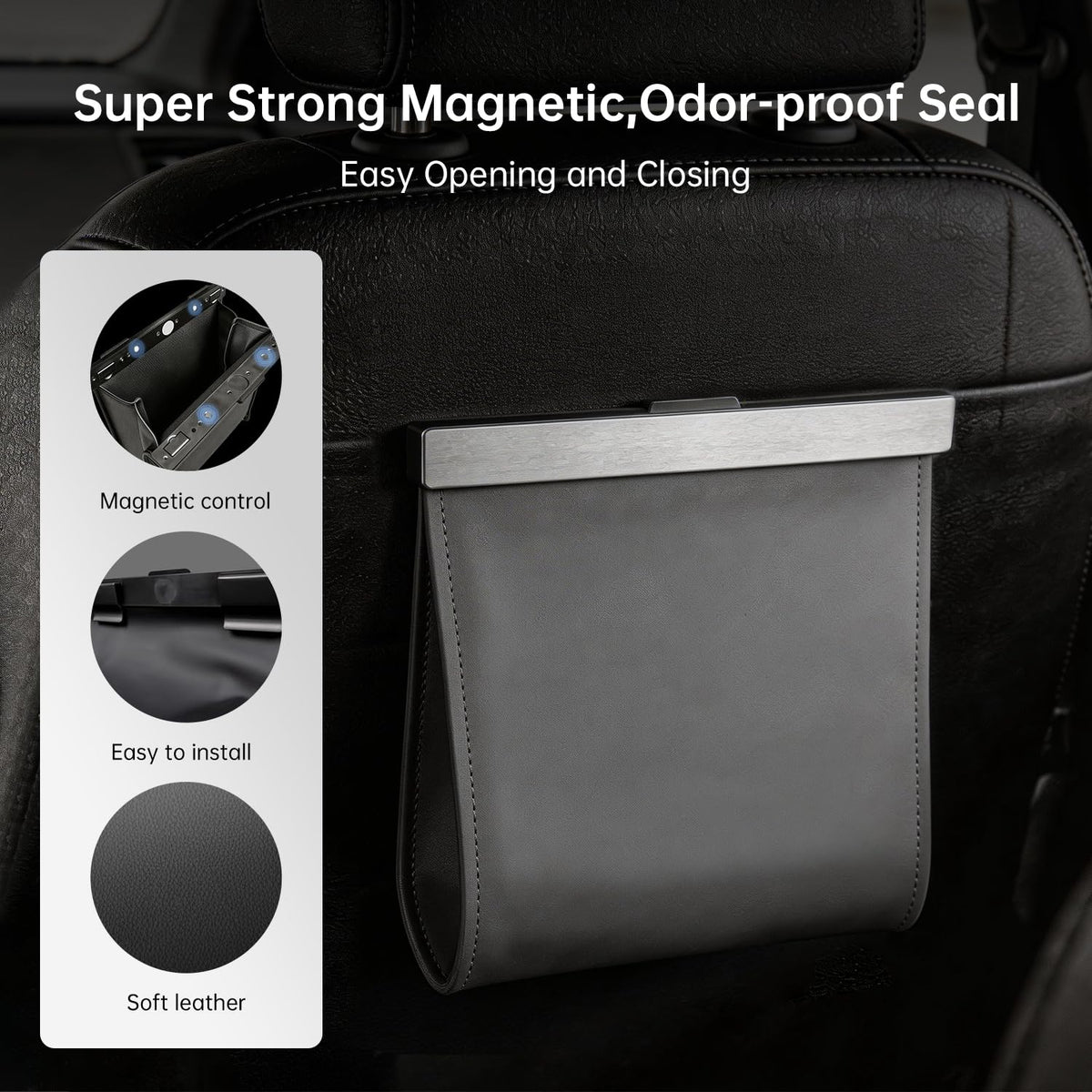 Leather Car Trash Can with Smart LED Light & Magnetic Closure