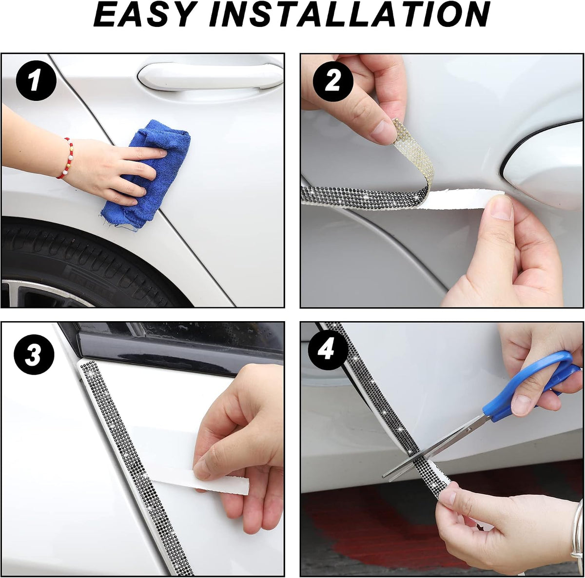 TOMALL Bling Car Door Guard Crash Bumper Crystal Anti-Scratch Strip Sticker Crystals Car Door Bumper Protector Accessory DIY for Interior and Exterior Decoration Styling Accessories AB White