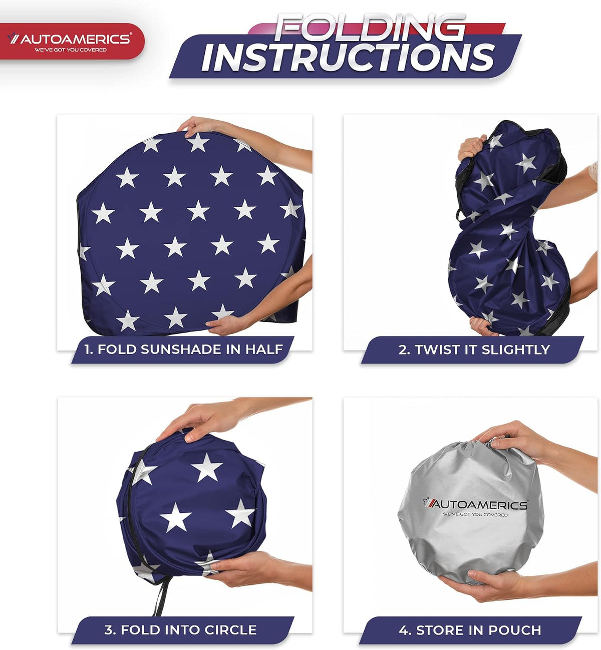Autoamerics Truck Windshield Sun Shade with Storage Pouch & Anti-Slip Dash Pad - Foldable USA Stars Flag Design - Fits Most SUVs & Trucks - Blocks UV Rays and Keeps Car Cool | X-Large (66 x 36 inches)